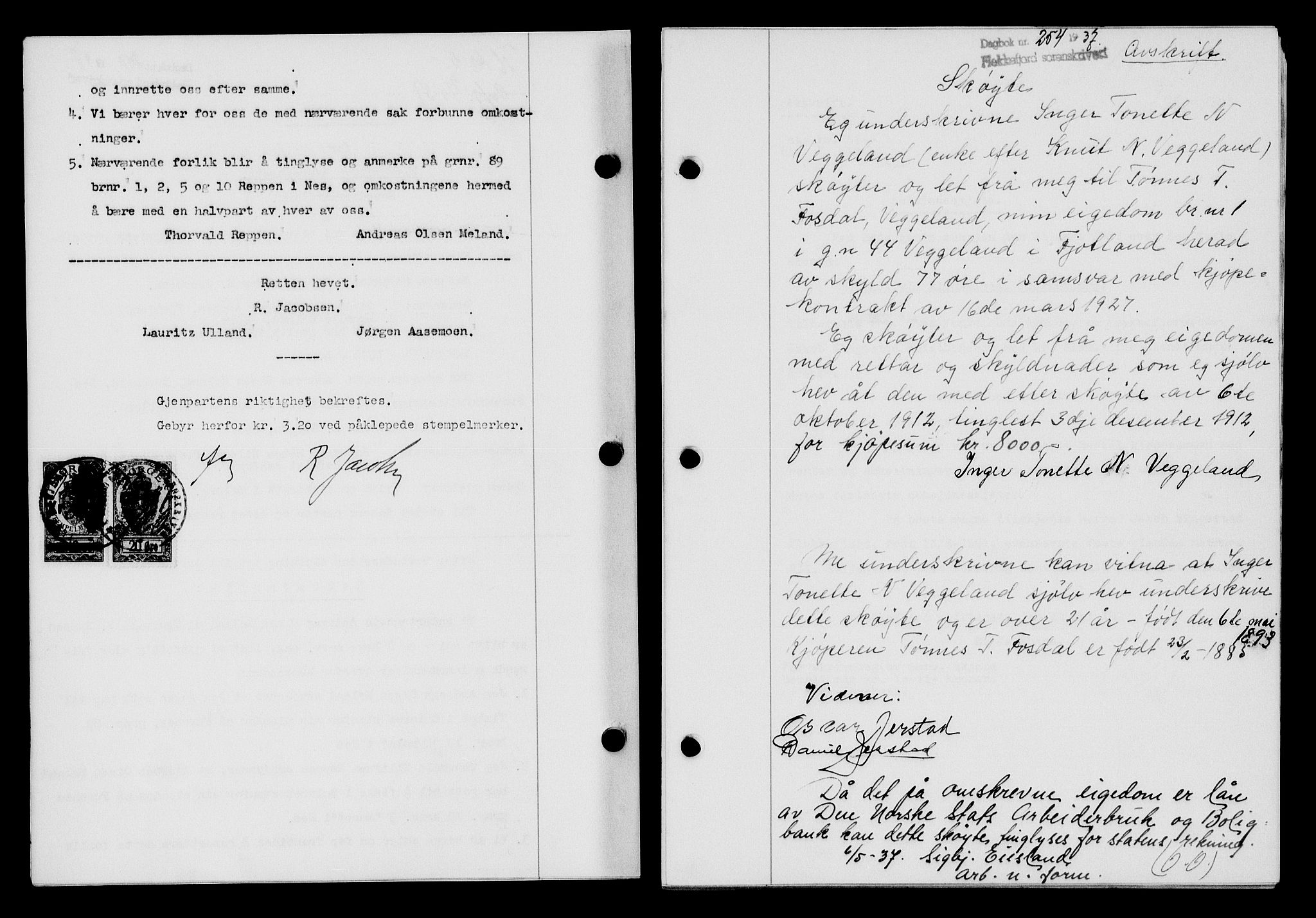 Flekkefjord sorenskriveri, SAK/1221-0001/G/Gb/Gba/L0053: Mortgage book no. A-1, 1936-1937, Diary no: : 254/1937