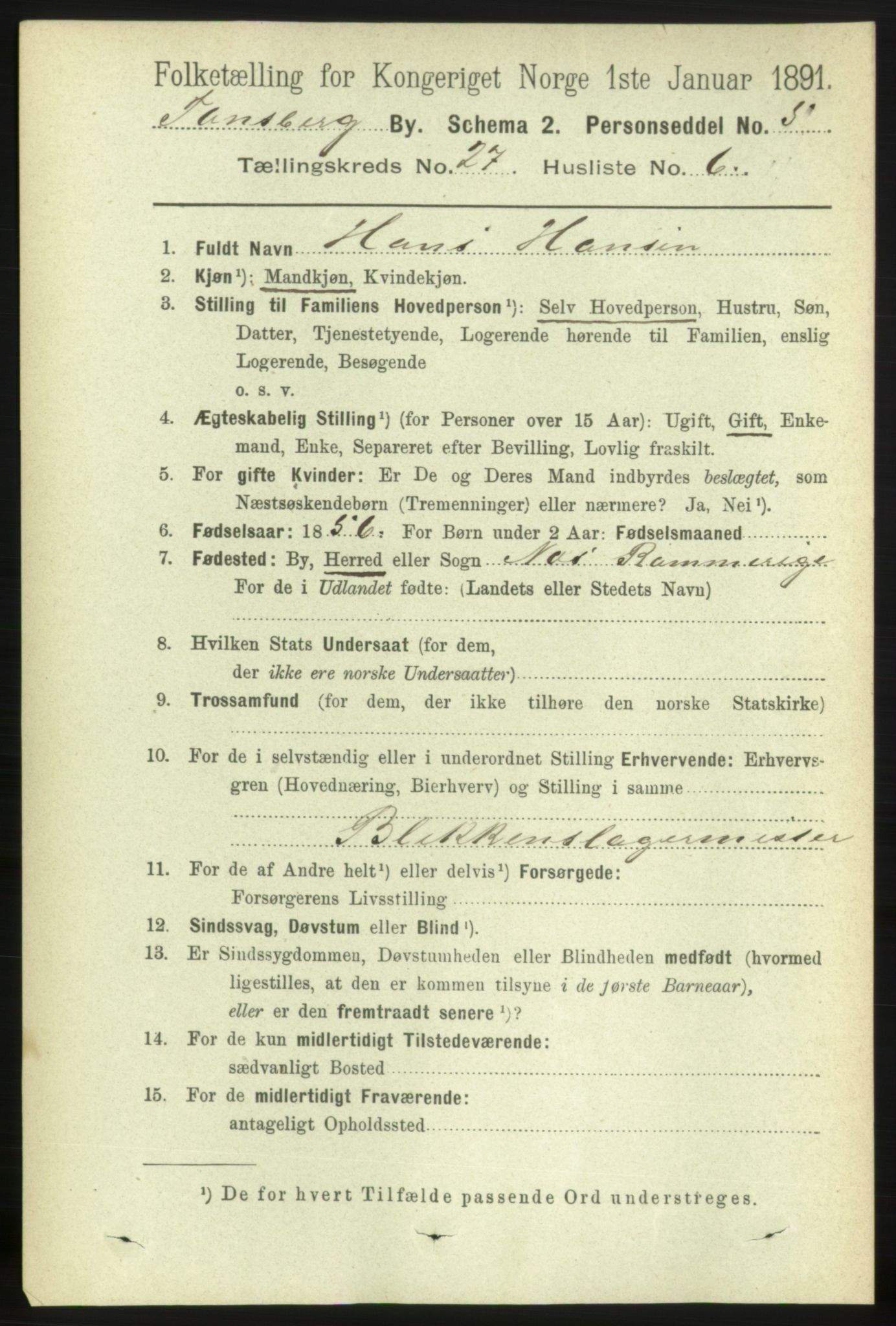 RA, 1891 census for 0705 Tønsberg, 1891, p. 6854