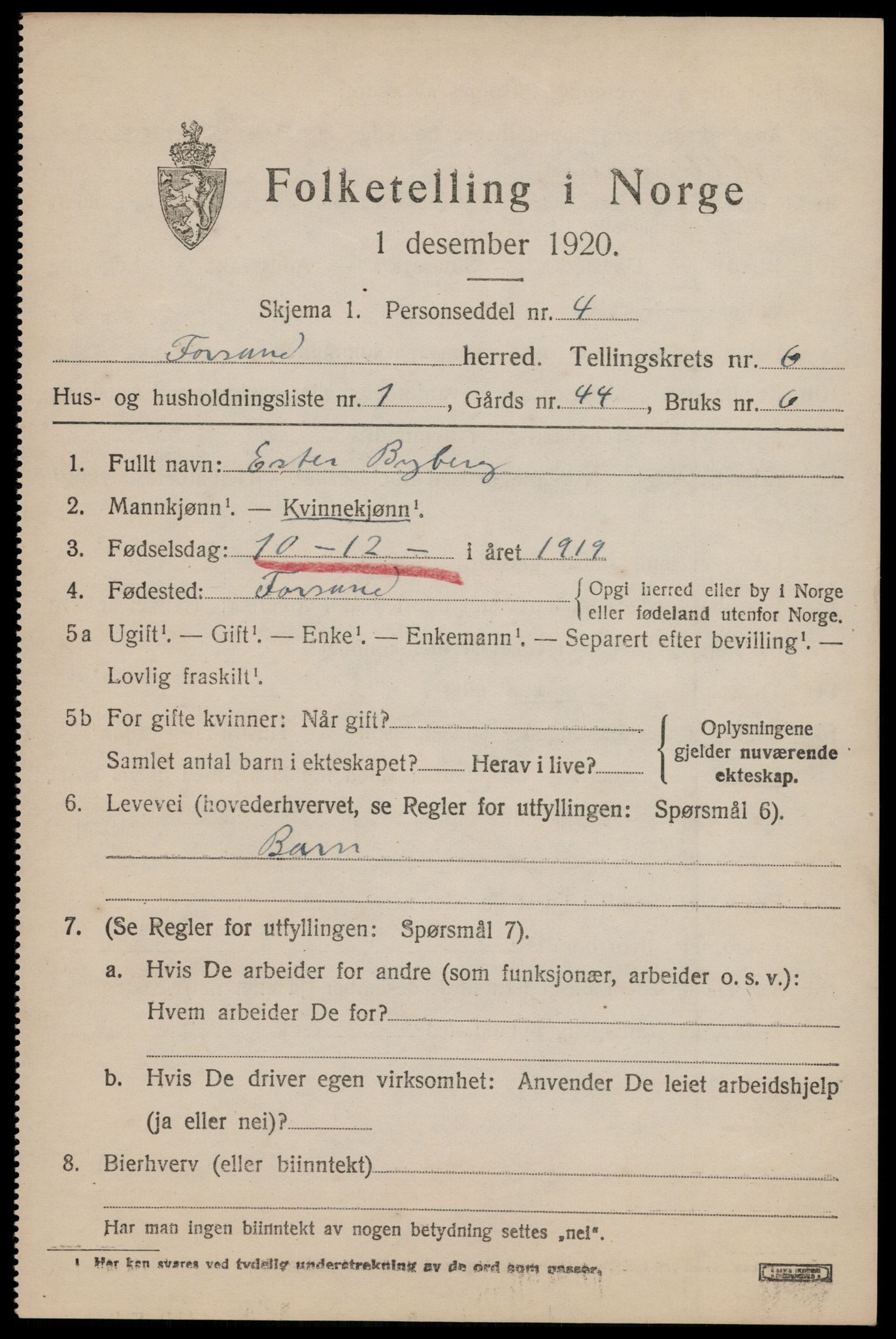 SAST, 1920 census for Forsand, 1920, p. 2771