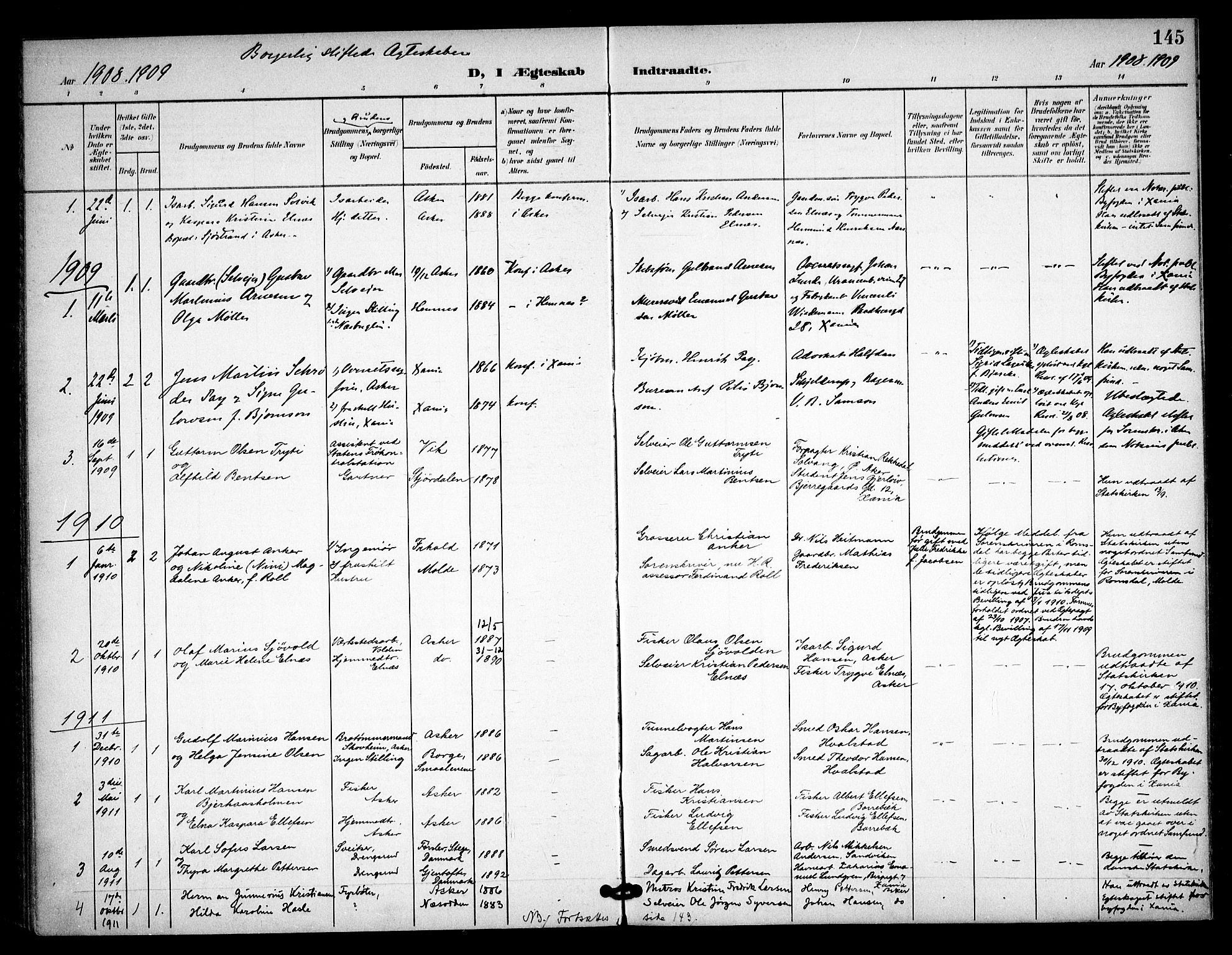Asker prestekontor Kirkebøker, SAO/A-10256a/F/Fa/L0016: Parish register (official) no. I 16, 1900-1917, p. 145