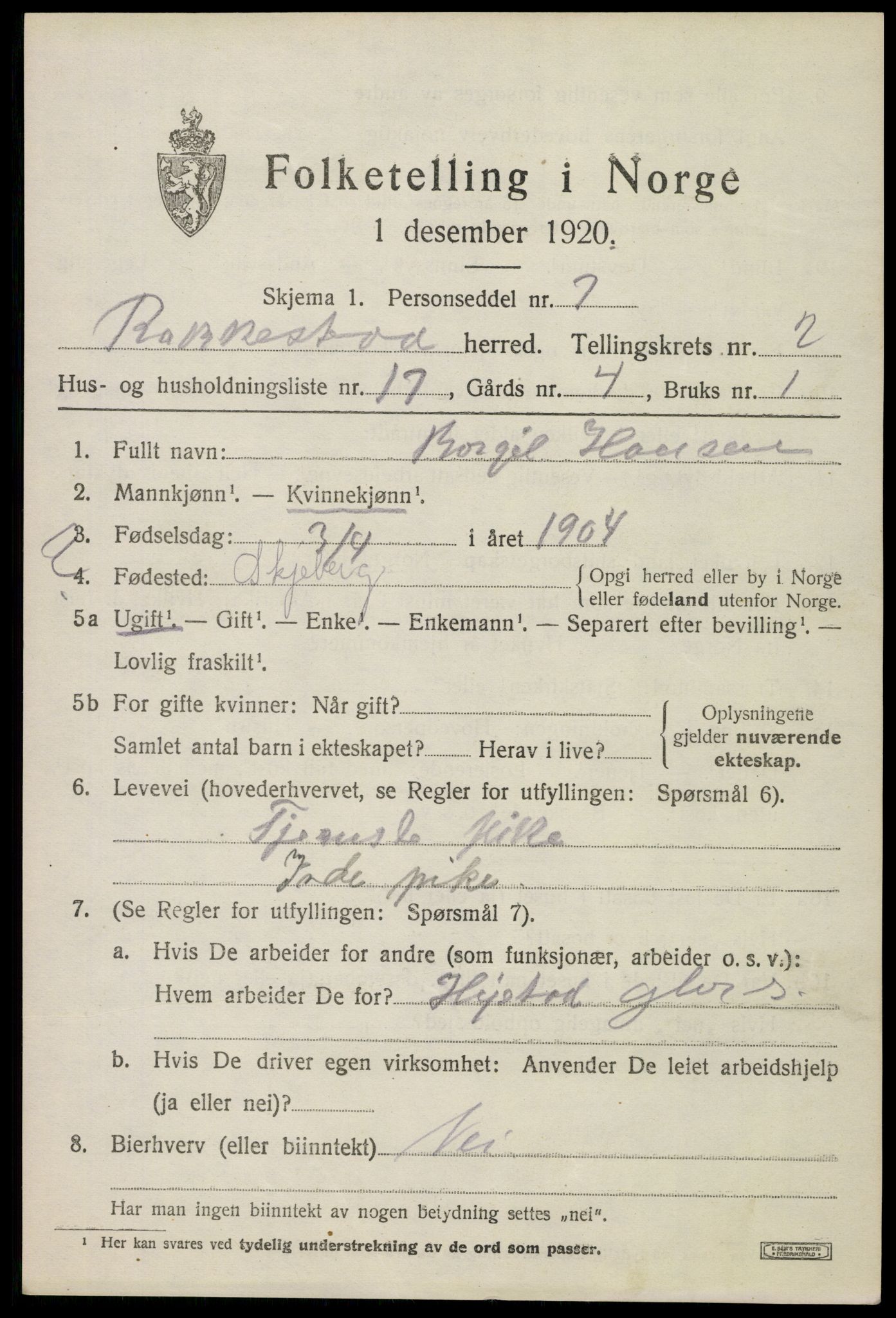 SAO, 1920 census for Rakkestad, 1920, p. 3613