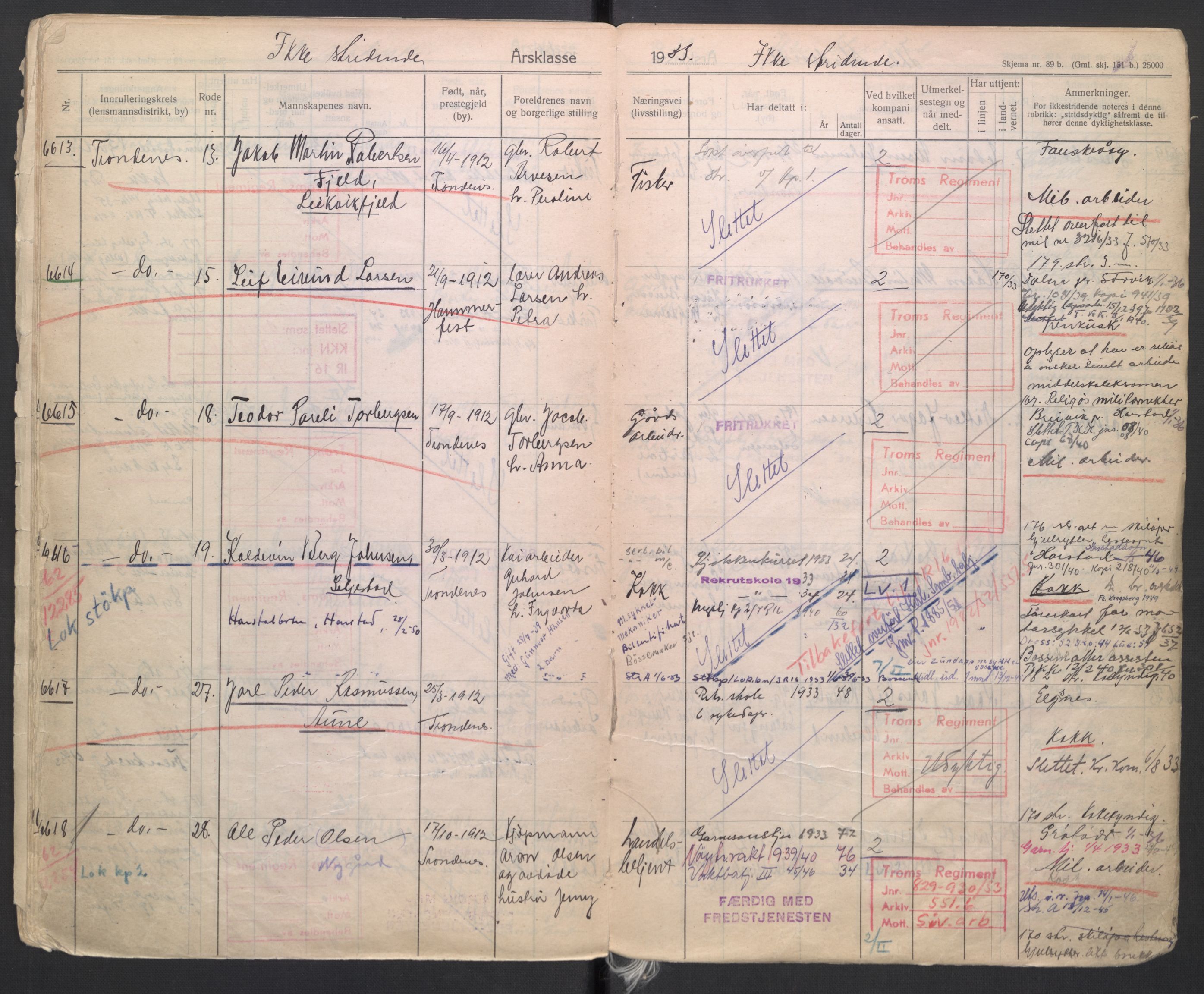 Forsvaret, Troms infanteriregiment nr. 16, AV/RA-RAFA-3146/P/Pa/L0006/0004: Ruller / Rulle for Trondenes bataljons menige mannskaper, årsklasse 1933, 1933