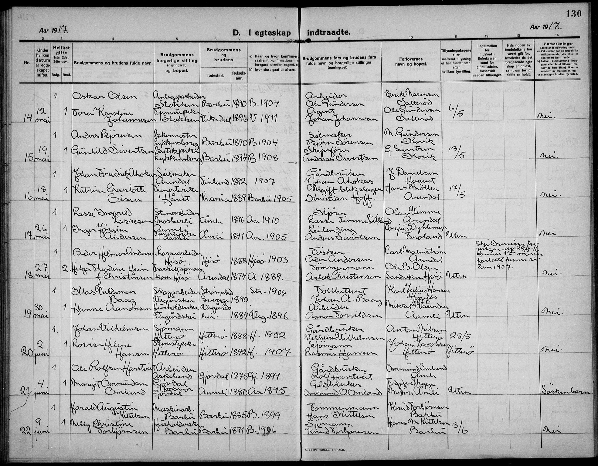 Barbu sokneprestkontor, AV/SAK-1111-0003/F/Fb/L0004: Parish register (copy) no. B 4, 1911-1936, p. 130