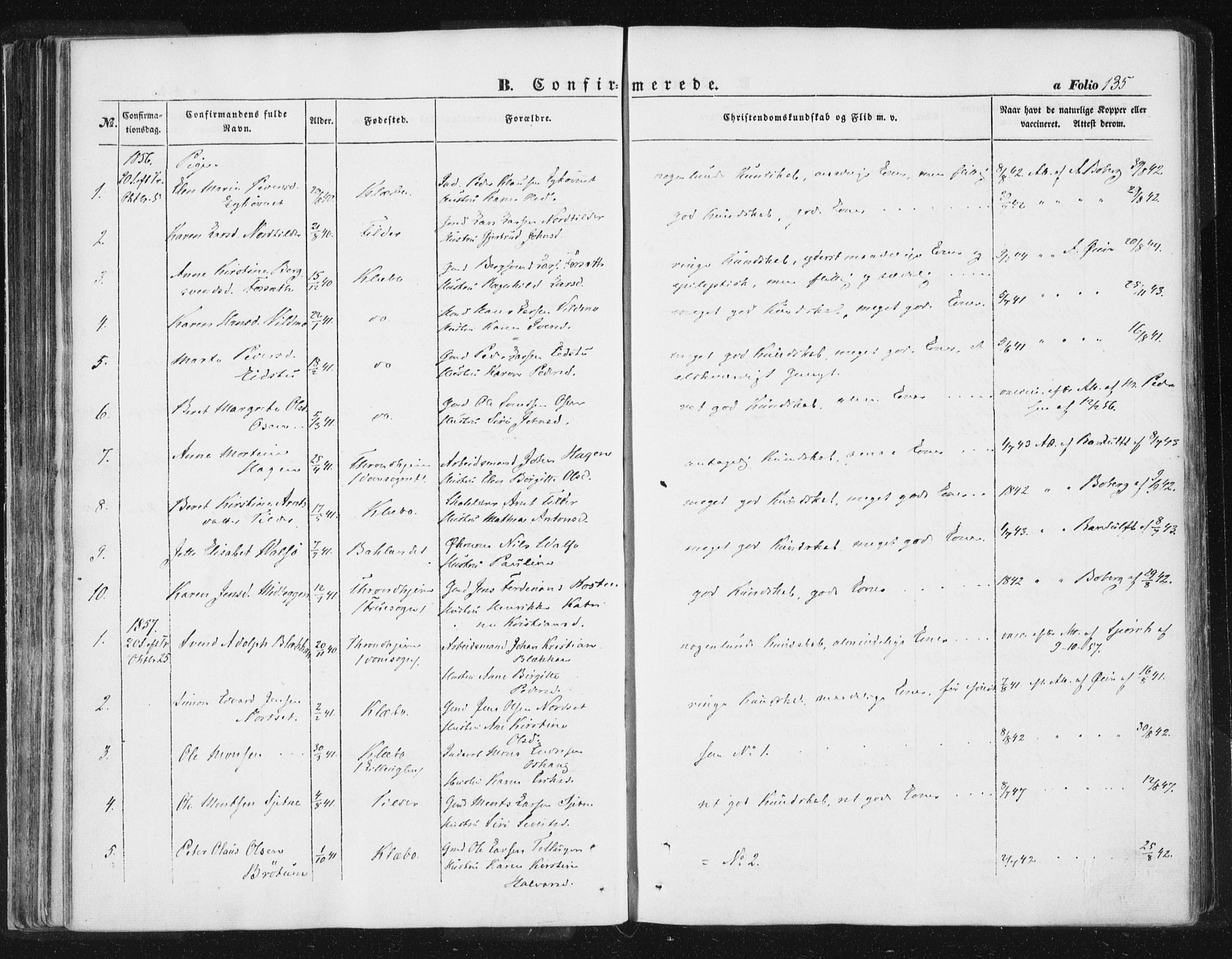 Ministerialprotokoller, klokkerbøker og fødselsregistre - Sør-Trøndelag, SAT/A-1456/618/L0441: Parish register (official) no. 618A05, 1843-1862, p. 135