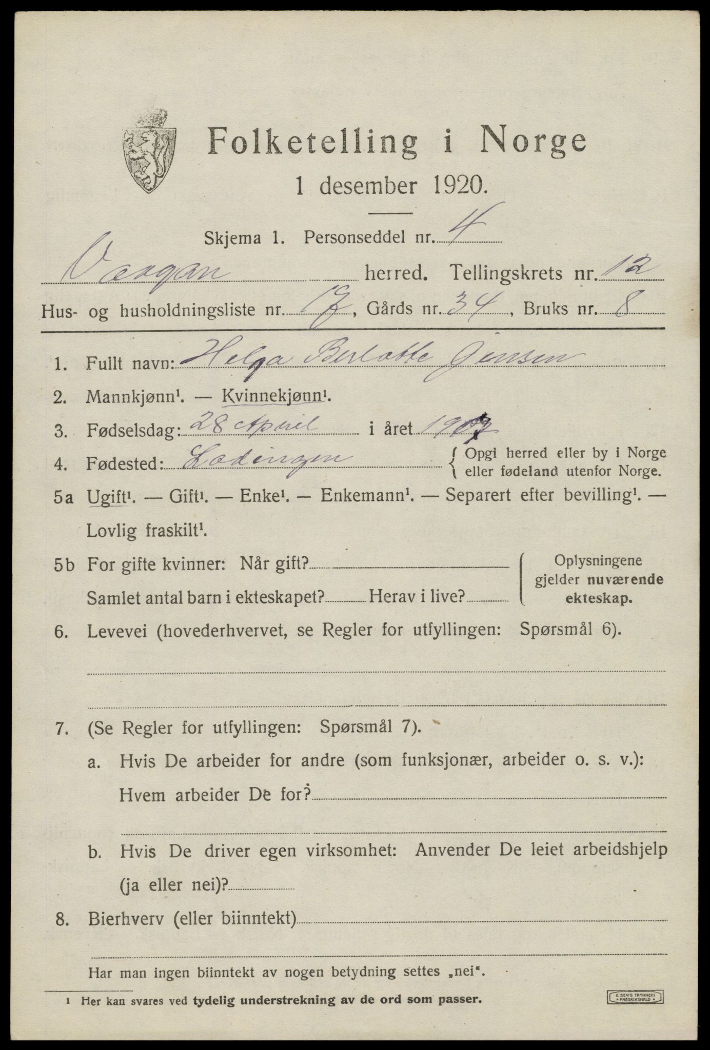 SAT, 1920 census for Vågan, 1920, p. 10187