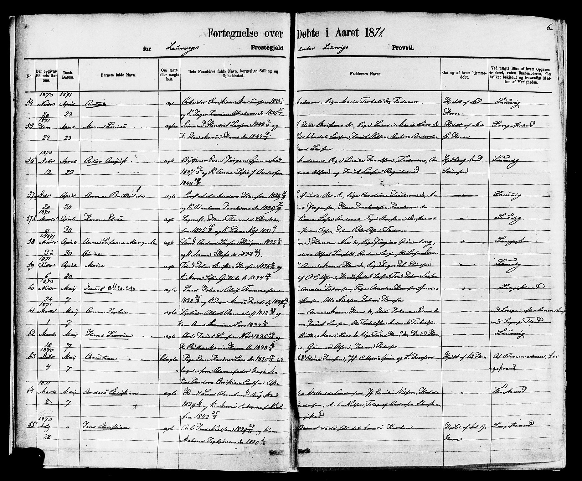 Larvik kirkebøker, SAKO/A-352/F/Fa/L0006: Parish register (official) no. I 6, 1871-1883, p. 6