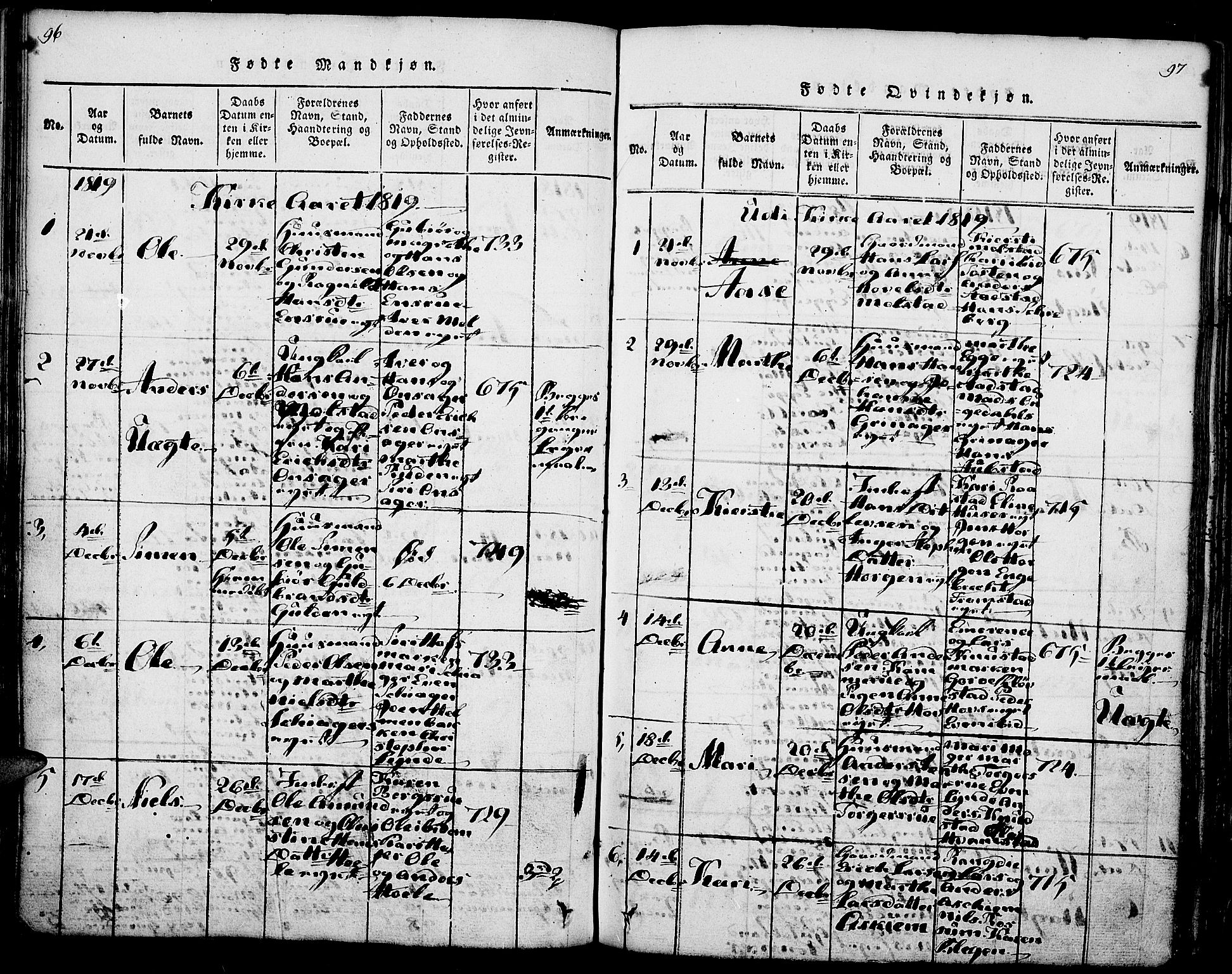 Gran prestekontor, SAH/PREST-112/H/Ha/Haa/L0009: Parish register (official) no. 9, 1815-1824, p. 96-97