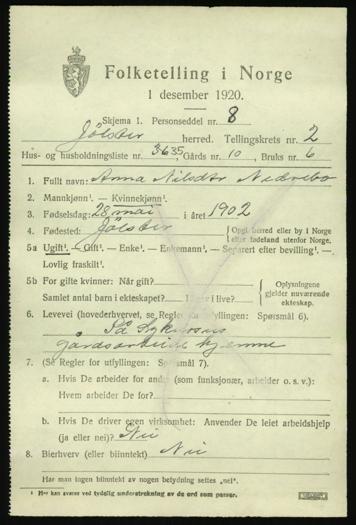 SAB, 1920 census for Jølster, 1920, p. 1954