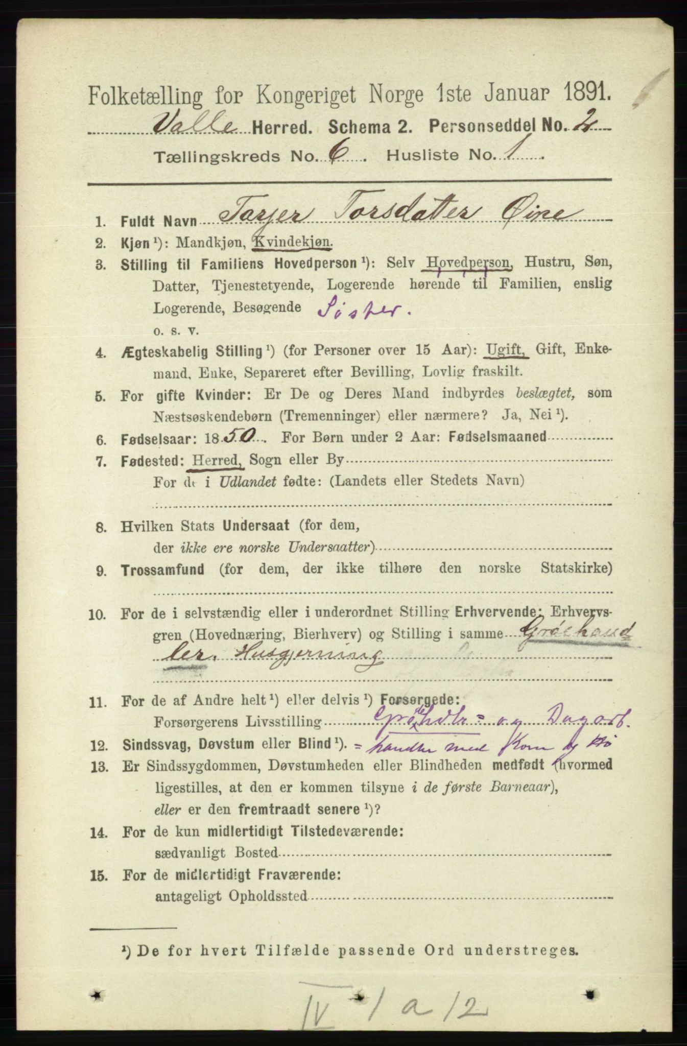 RA, 1891 census for 0940 Valle, 1891, p. 1681