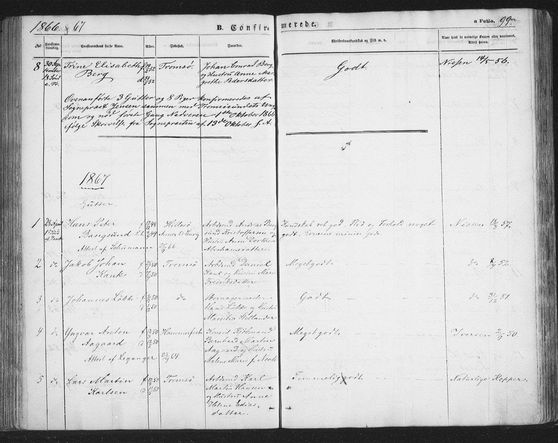 Tromsø sokneprestkontor/stiftsprosti/domprosti, SATØ/S-1343/G/Ga/L0012kirke: Parish register (official) no. 12, 1865-1871, p. 99