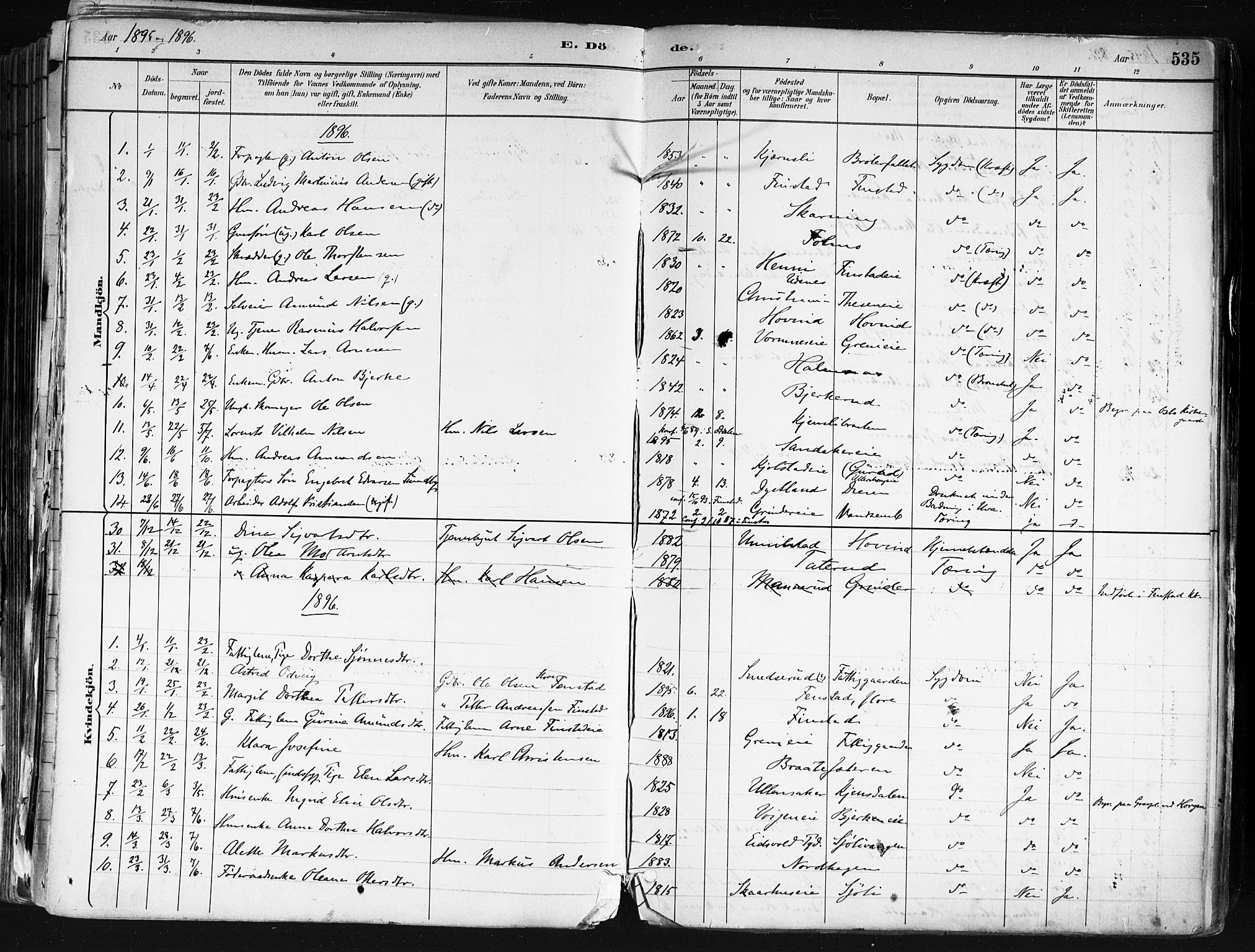 Nes prestekontor Kirkebøker, SAO/A-10410/F/Fa/L0010: Parish register (official) no. I 10, 1883-1898, p. 535