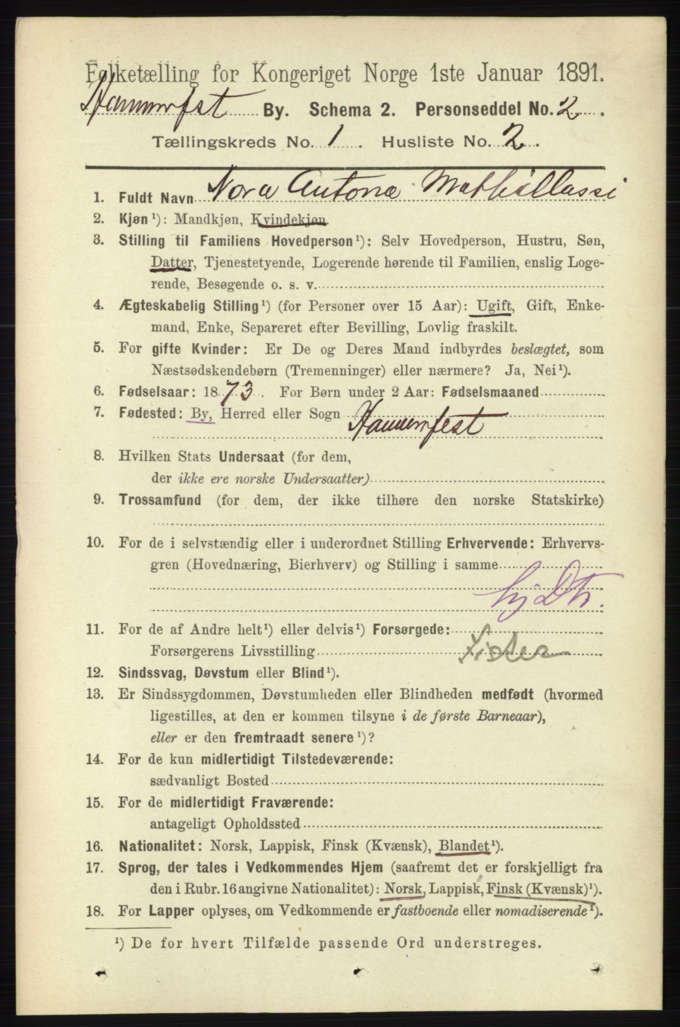 RA, 1891 census for 2001 Hammerfest, 1891, p. 69