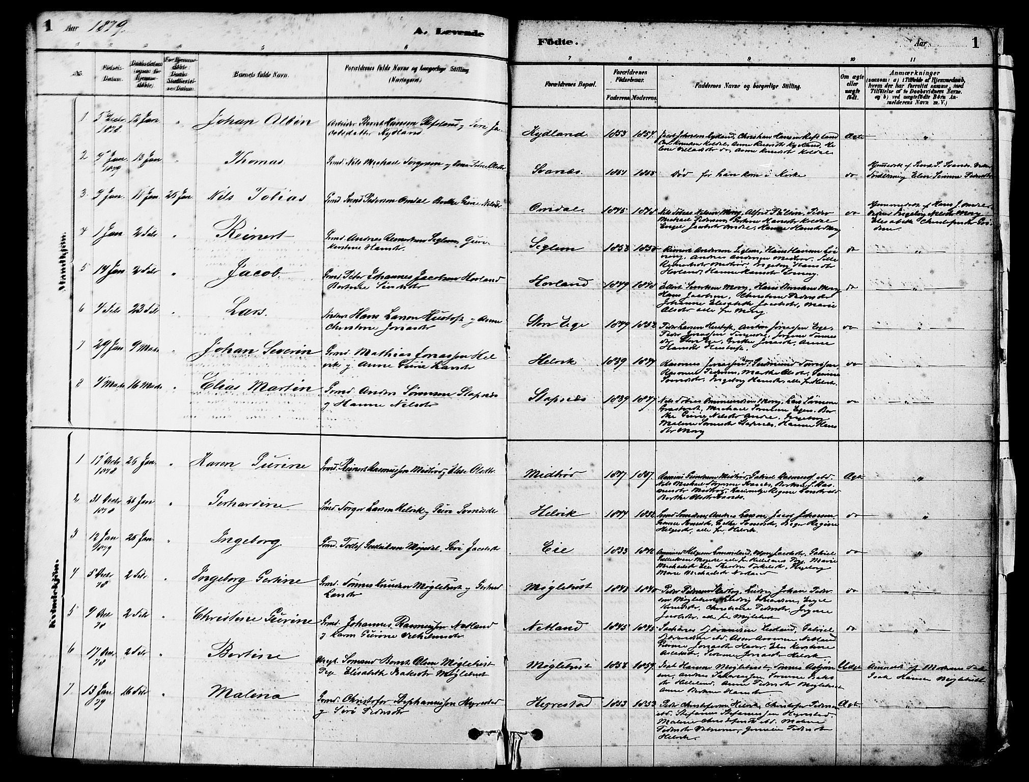 Eigersund sokneprestkontor, SAST/A-101807/S08/L0017: Parish register (official) no. A 14, 1879-1892, p. 1