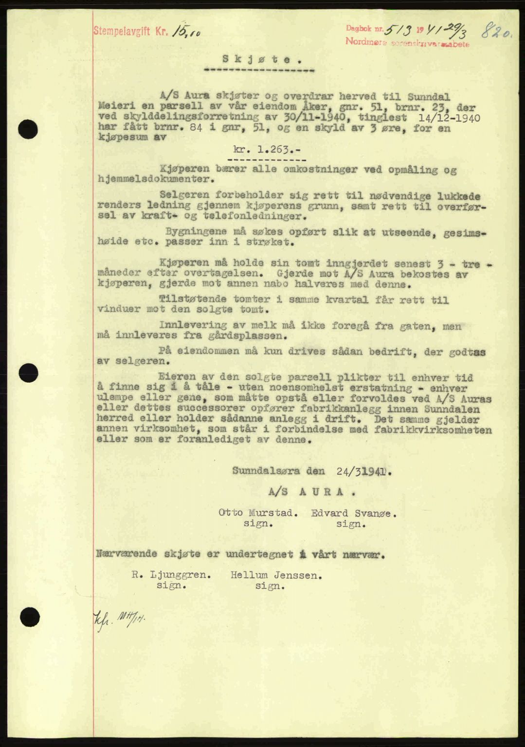 Nordmøre sorenskriveri, SAT/A-4132/1/2/2Ca: Mortgage book no. A89, 1940-1941, Diary no: : 513/1941