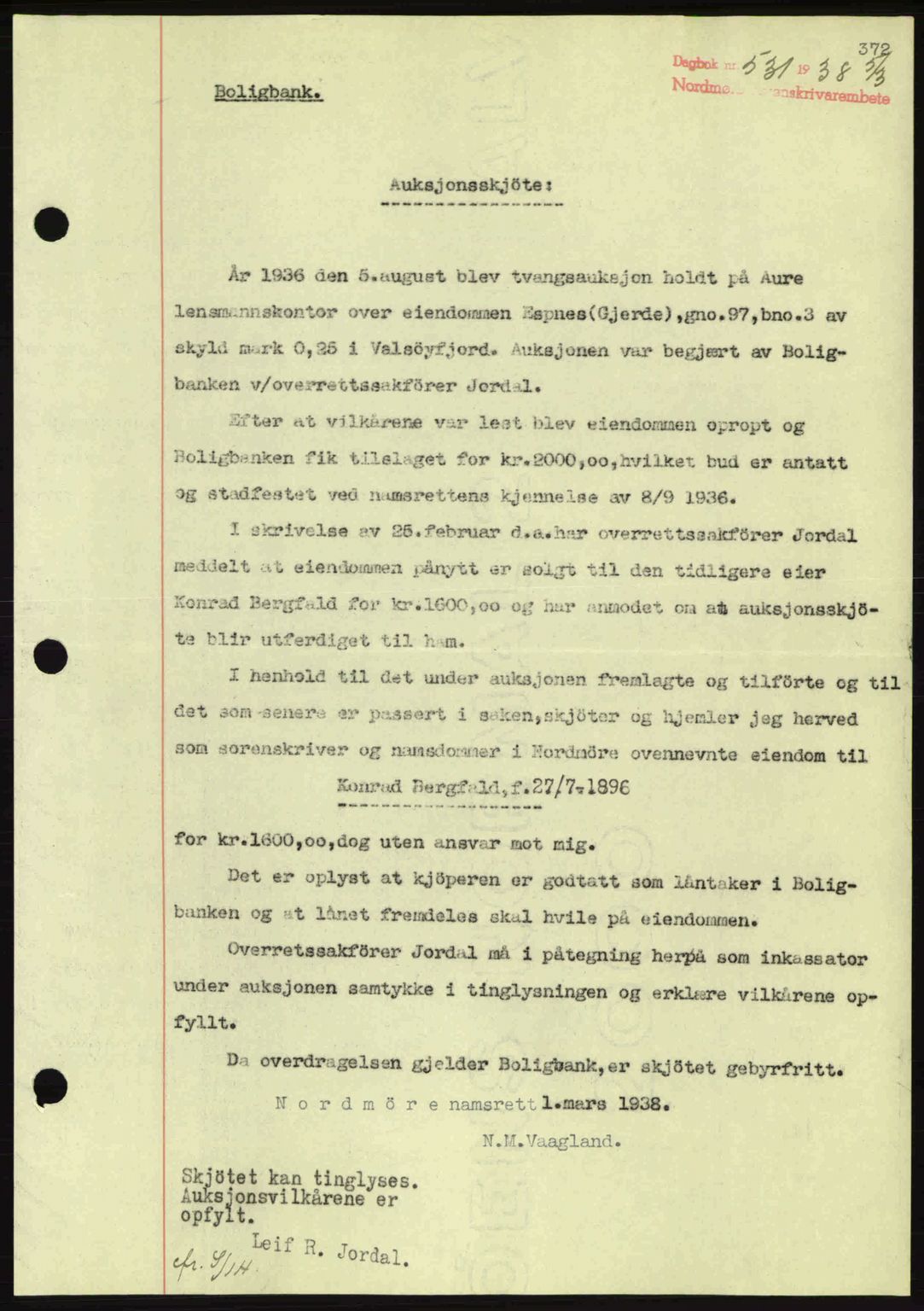 Nordmøre sorenskriveri, AV/SAT-A-4132/1/2/2Ca: Mortgage book no. A83, 1938-1938, Diary no: : 531/1938