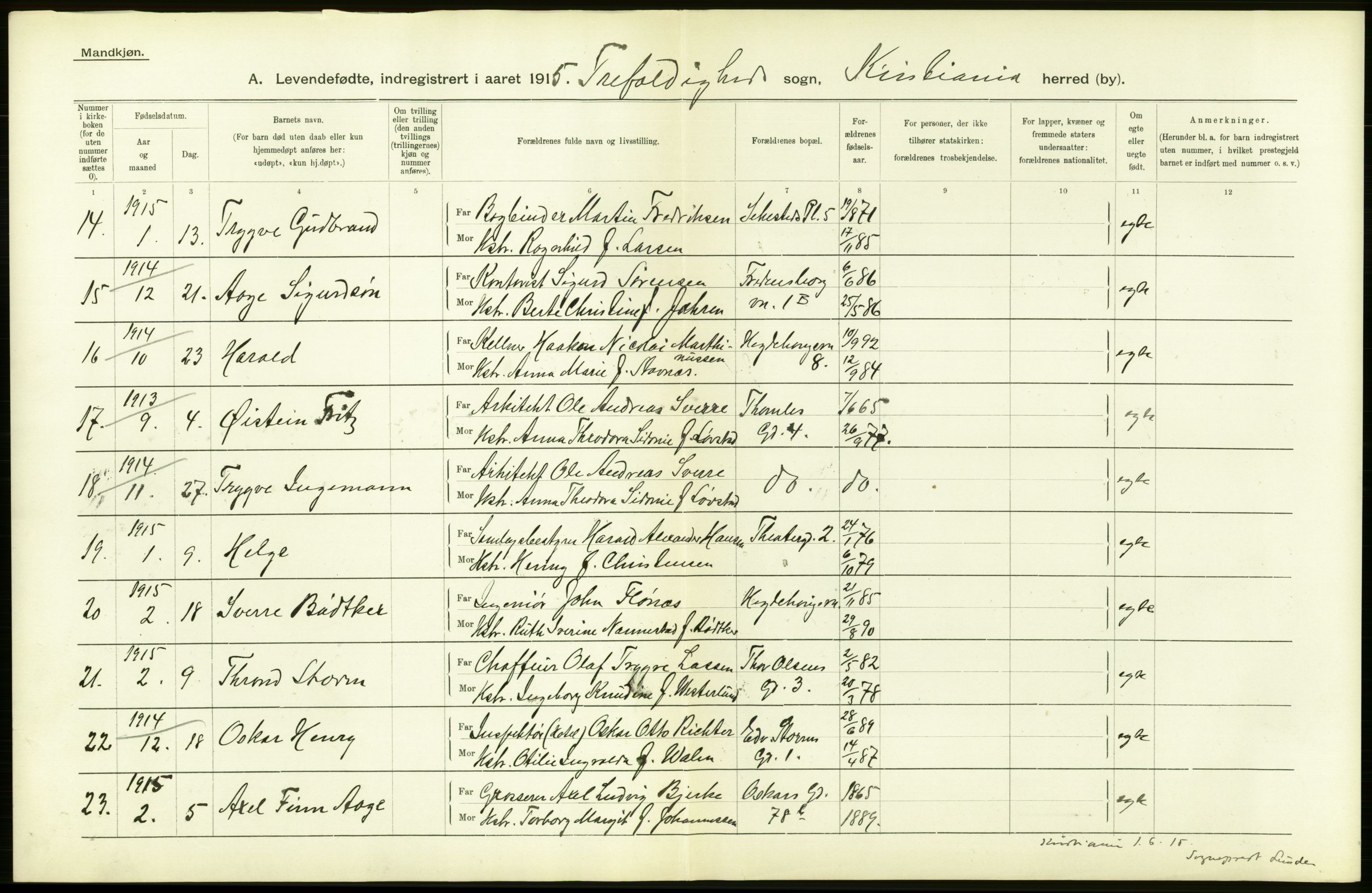 Statistisk sentralbyrå, Sosiodemografiske emner, Befolkning, AV/RA-S-2228/D/Df/Dfb/Dfbe/L0007: Kristiania: Levendefødte menn og kvinner., 1915, p. 394