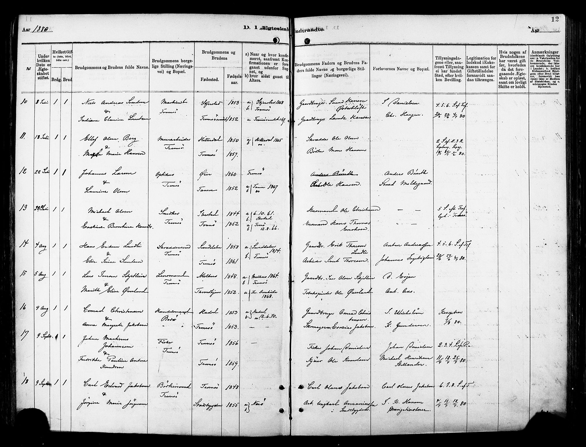 Tromsø sokneprestkontor/stiftsprosti/domprosti, AV/SATØ-S-1343/G/Ga/L0014kirke: Parish register (official) no. 14, 1878-1888, p. 12