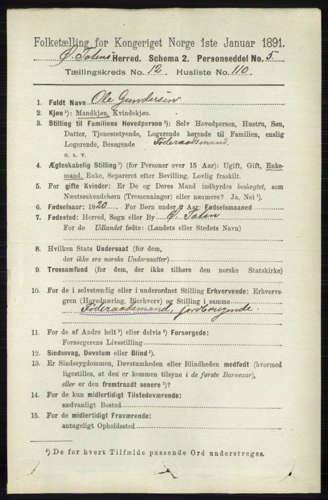 RA, 1891 census for 0528 Østre Toten, 1891, p. 8336