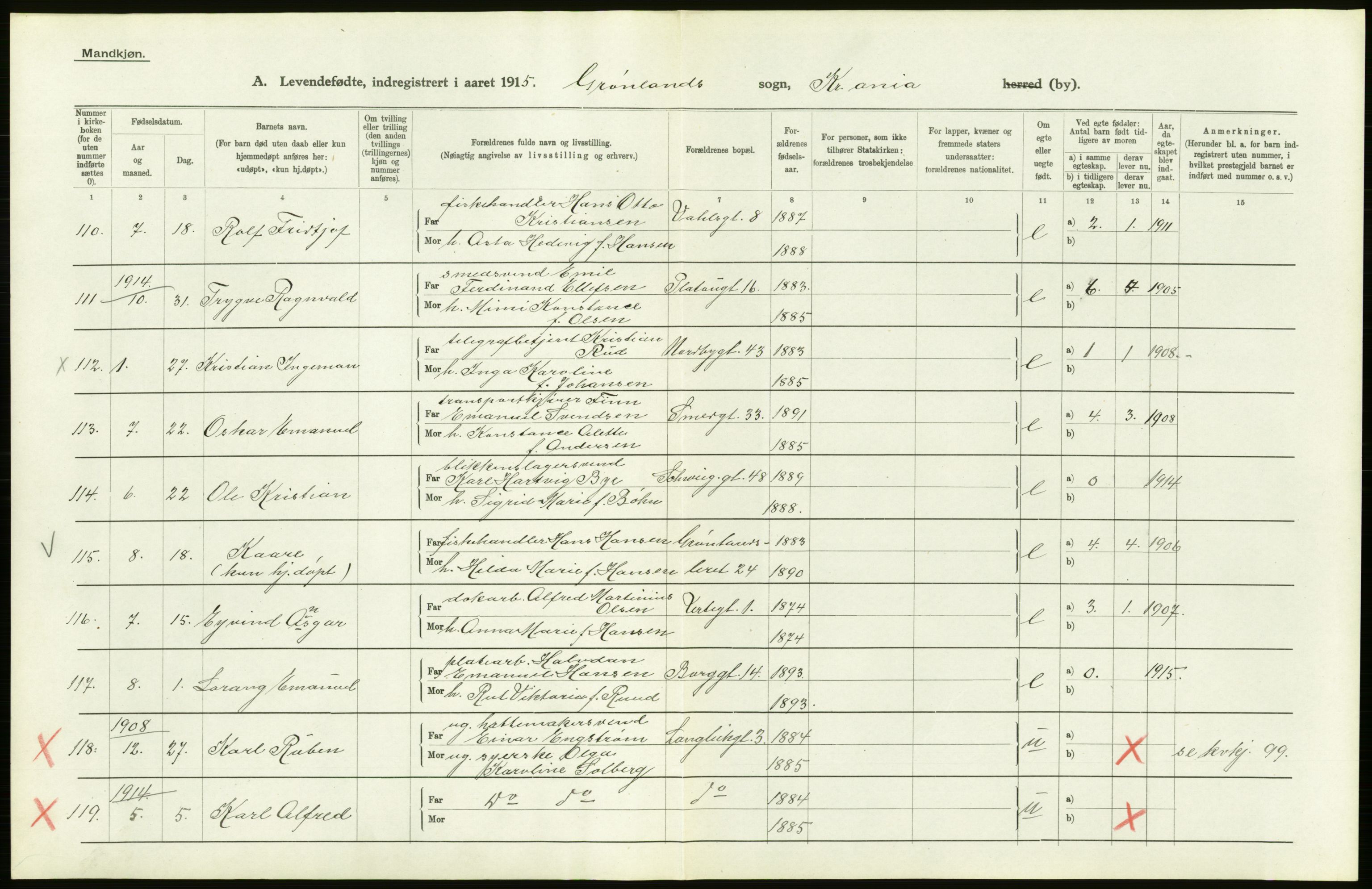 Statistisk sentralbyrå, Sosiodemografiske emner, Befolkning, AV/RA-S-2228/D/Df/Dfb/Dfbe/L0006: Kristiania: Levendefødte menn og kvinner., 1915, p. 694