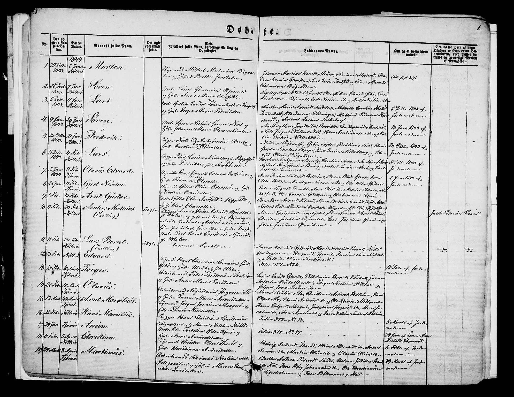 Nøtterøy kirkebøker, AV/SAKO-A-354/G/Ga/L0001: Parish register (copy) no. I 1, 1844-1859, p. 1