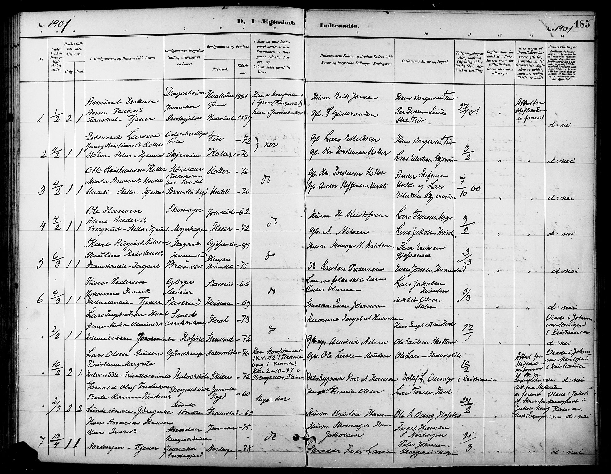 Gran prestekontor, SAH/PREST-112/H/Ha/Haa/L0019: Parish register (official) no. 19, 1898-1907, p. 185