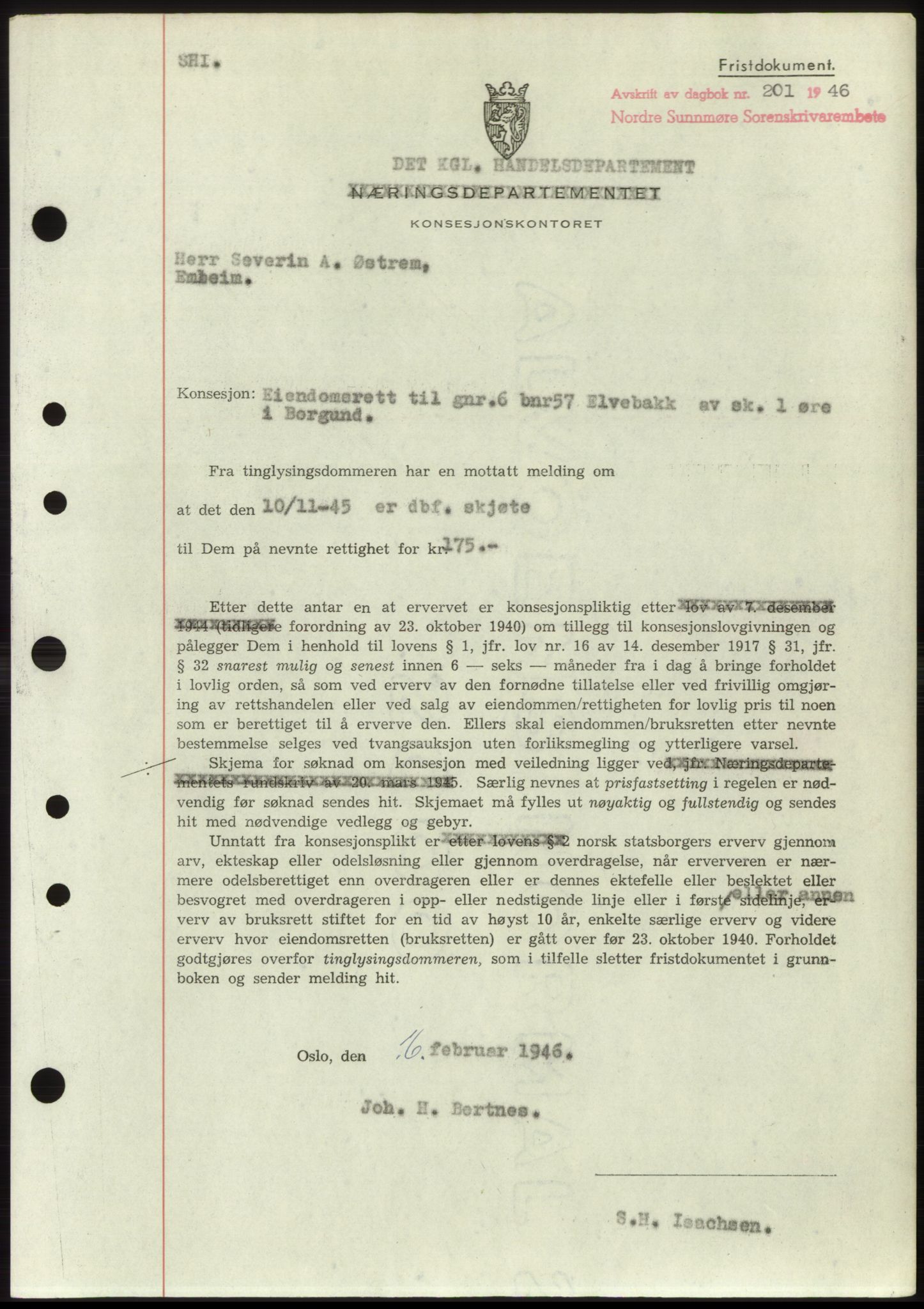 Nordre Sunnmøre sorenskriveri, AV/SAT-A-0006/1/2/2C/2Ca: Mortgage book no. B6-14 b, 1946-1947, Diary no: : 201/1946