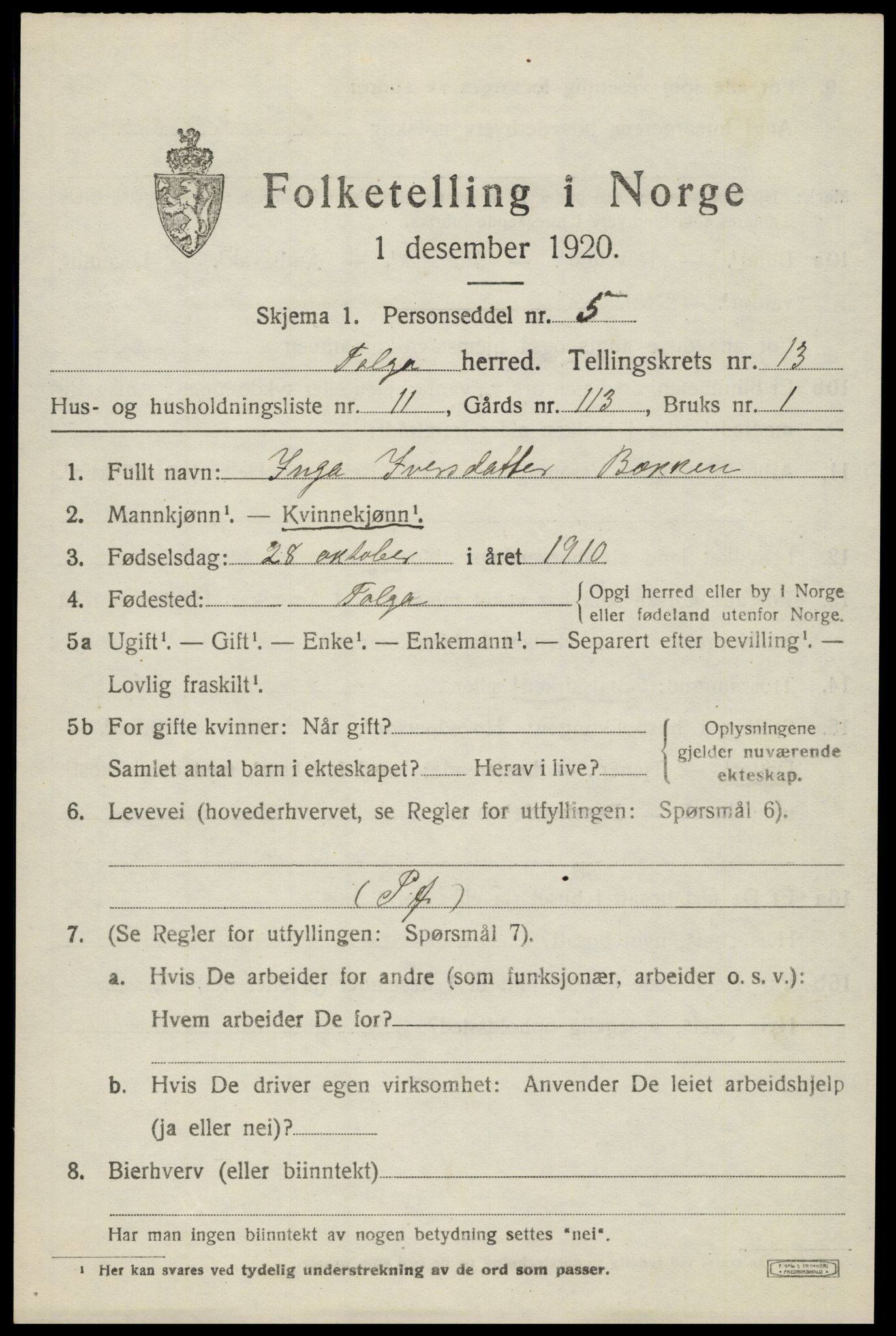 SAH, 1920 census for Tolga, 1920, p. 5921