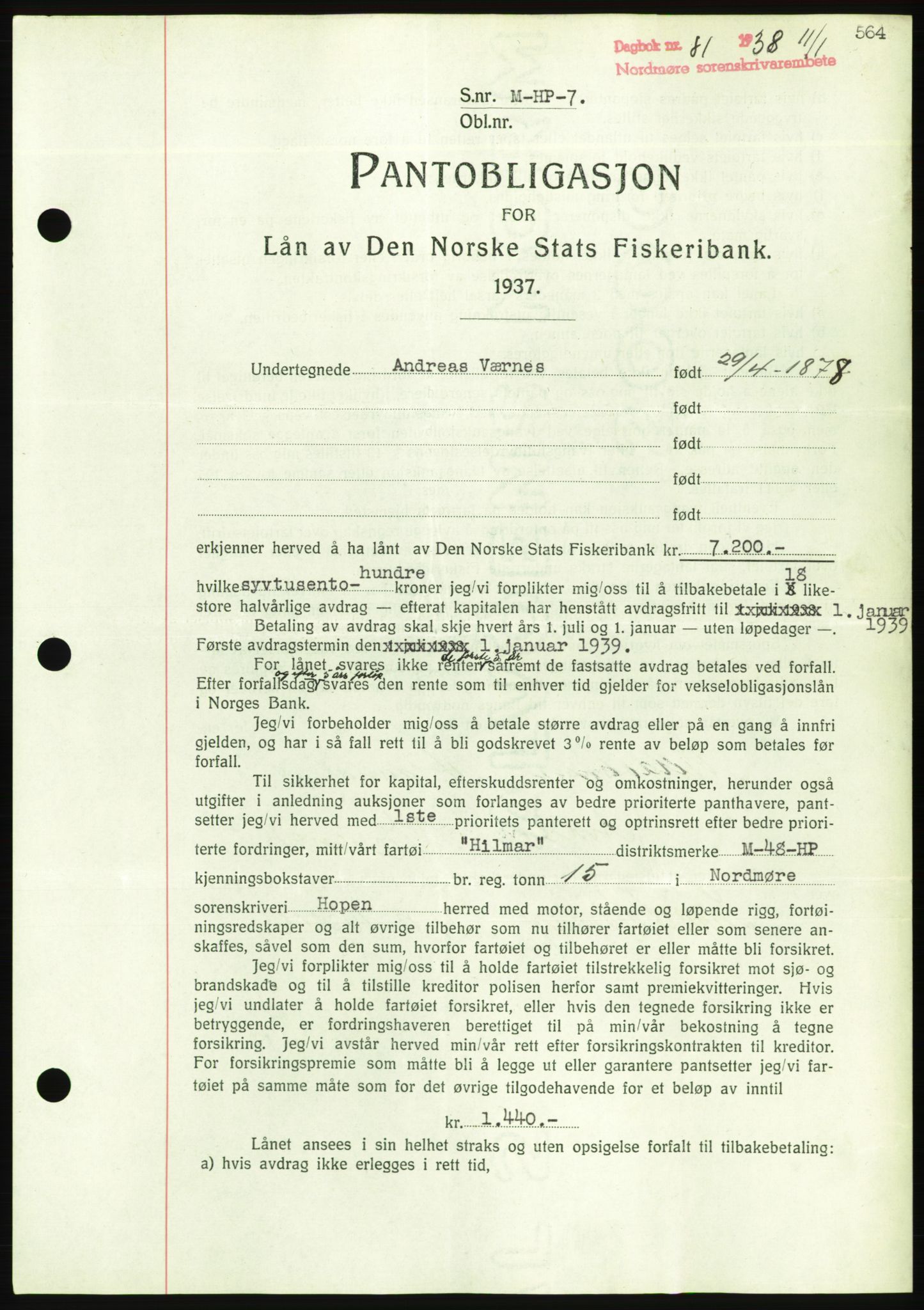 Nordmøre sorenskriveri, AV/SAT-A-4132/1/2/2Ca/L0092: Mortgage book no. B82, 1937-1938, Diary no: : 81/1938