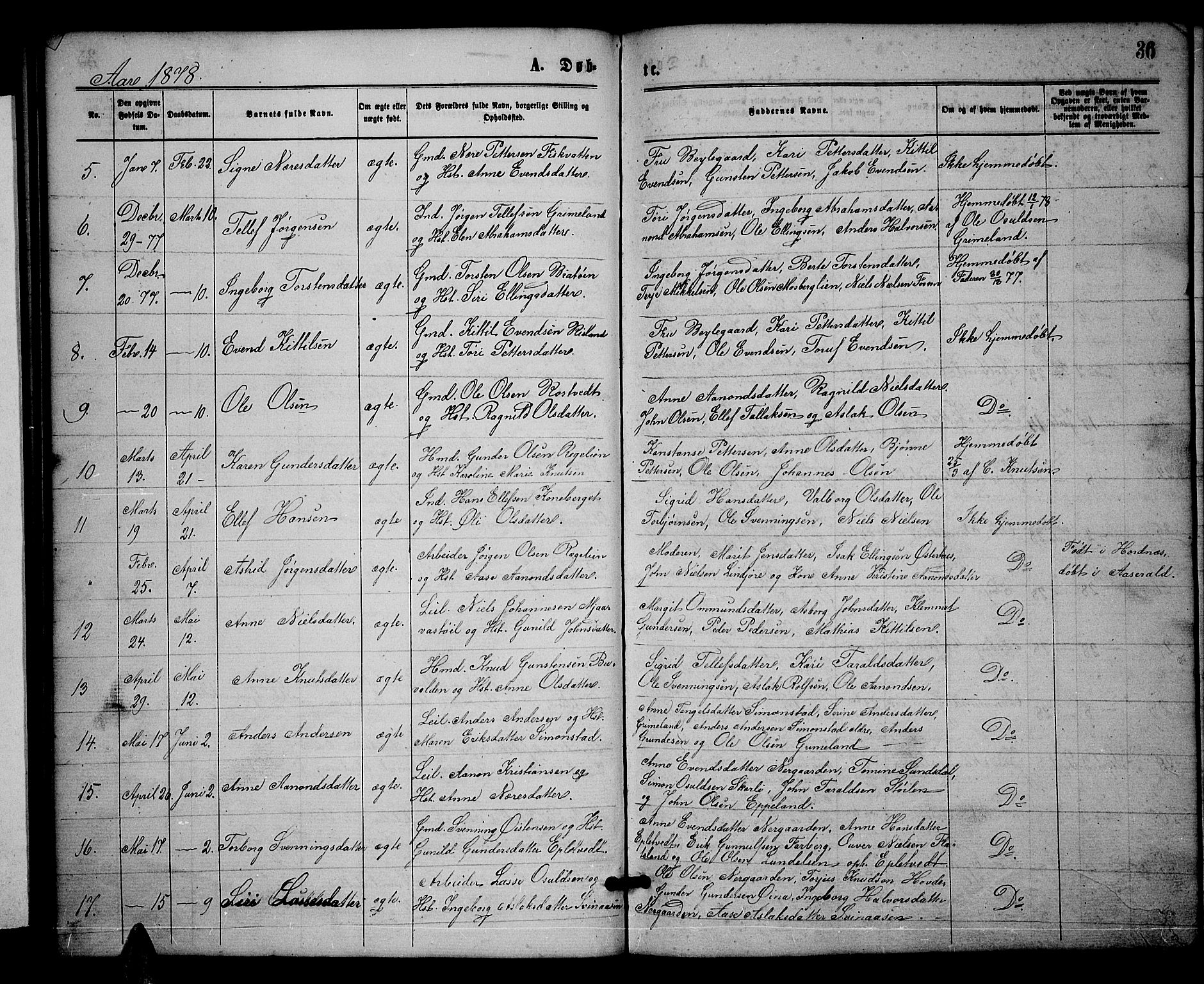 Åmli sokneprestkontor, SAK/1111-0050/F/Fb/Fbc/L0003: Parish register (copy) no. B 3, 1868-1888, p. 36