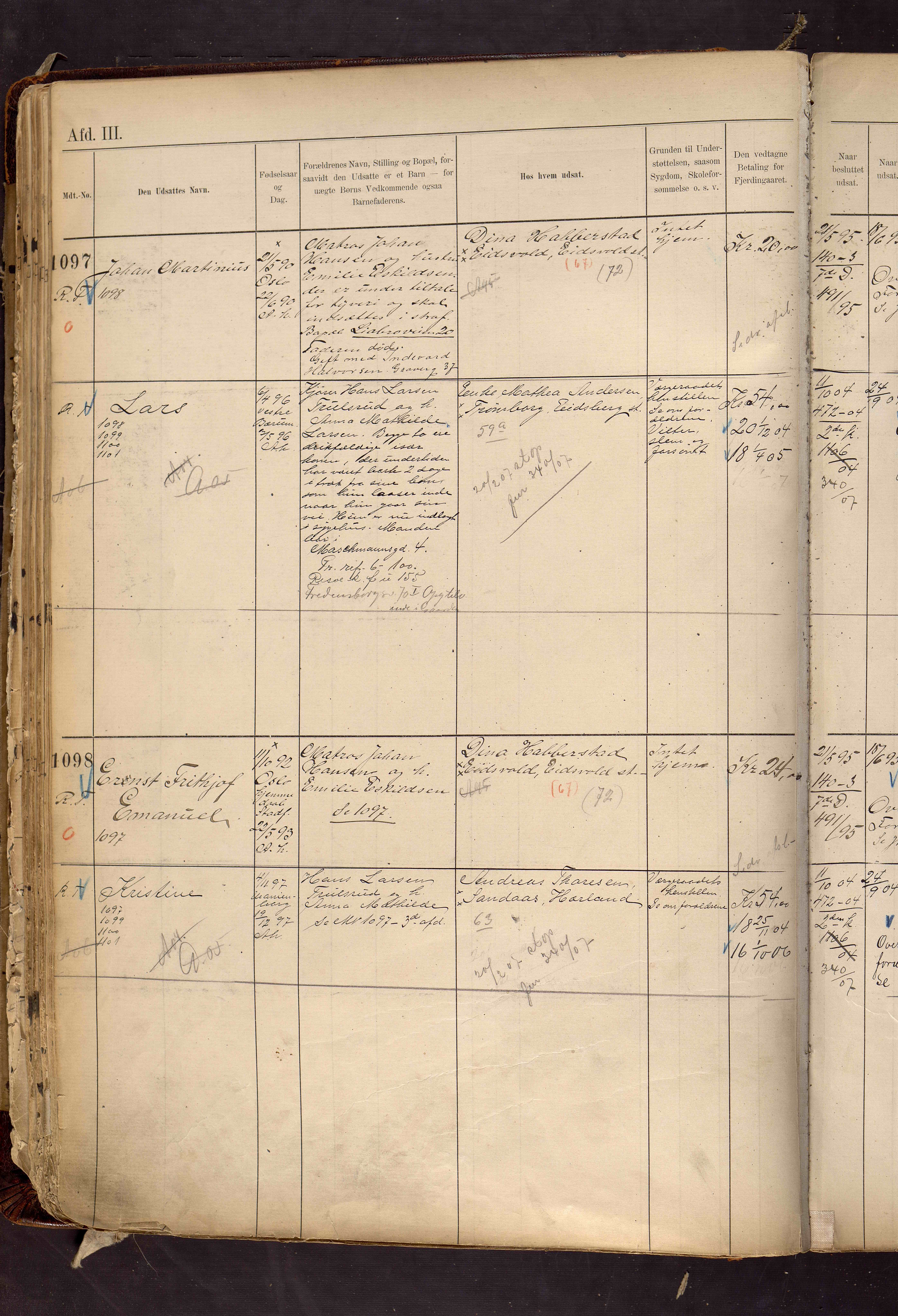 Fattigvesenet, OBA/A-20045/H/Hd/L0007: Manntallsprotokoll. Mnr. 1001-1604, 1897-1910, p. 101