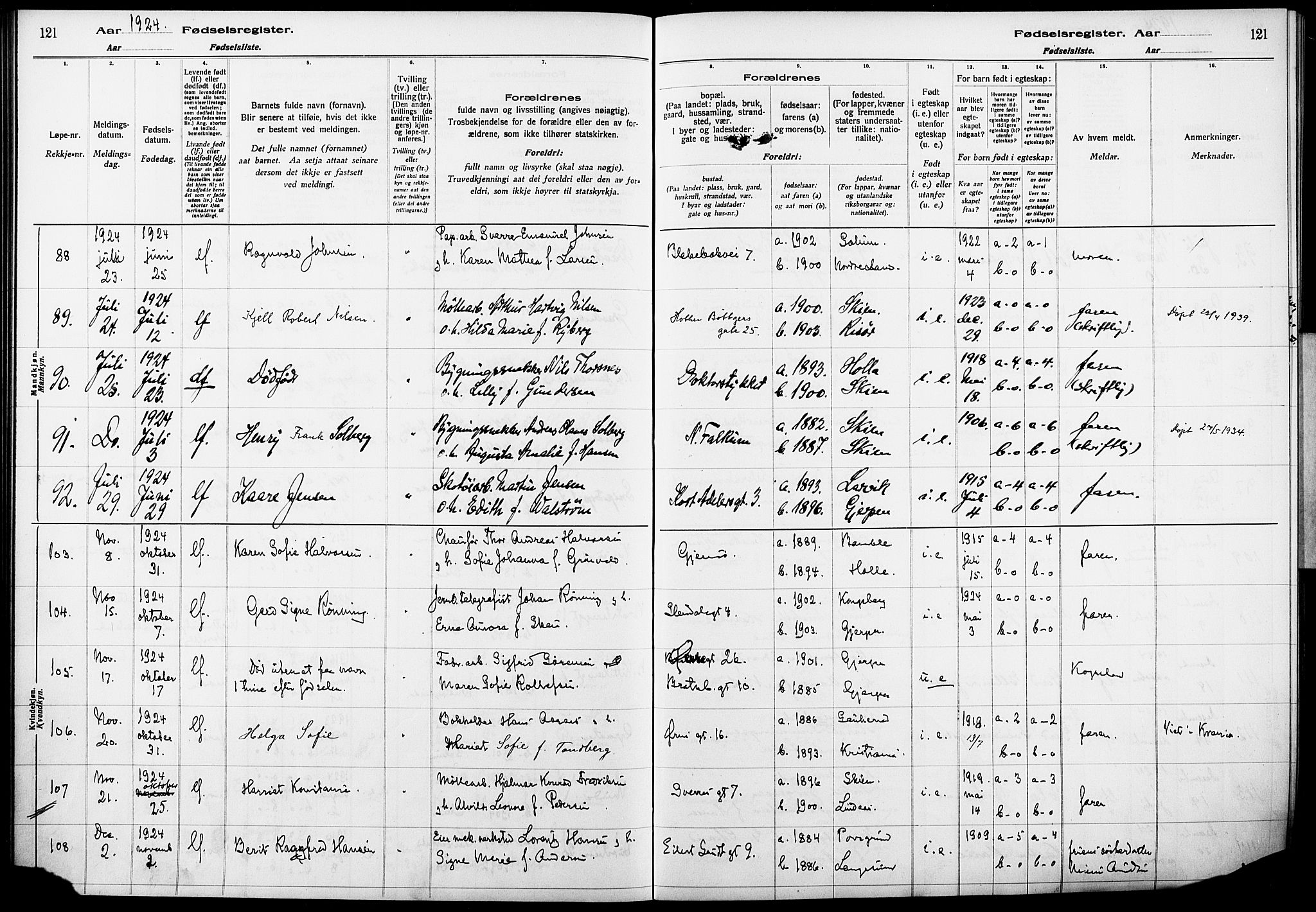 Skien kirkebøker, SAKO/A-302/J/Ja/L0002: Birth register no. 2, 1921-1927, p. 121