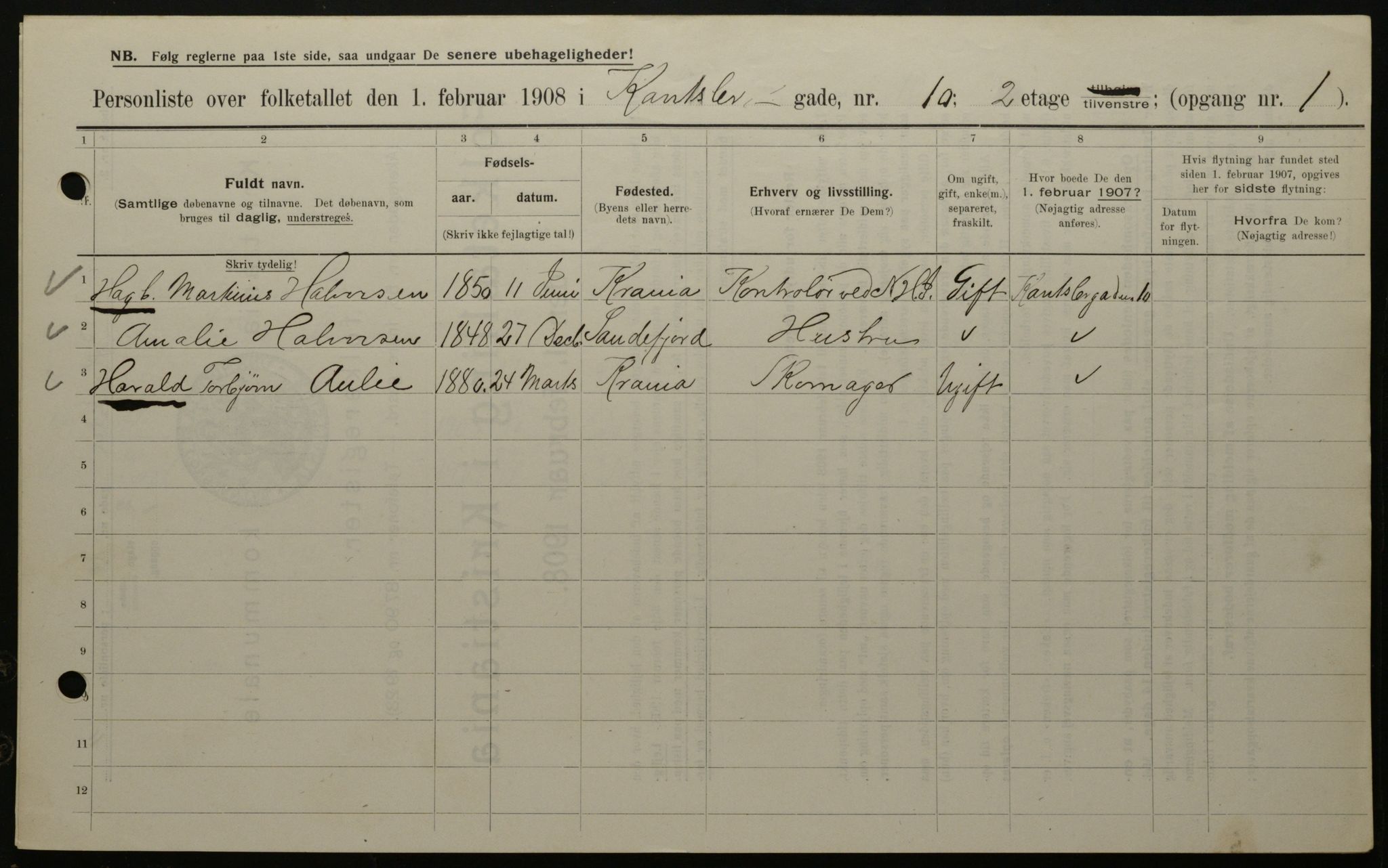 OBA, Municipal Census 1908 for Kristiania, 1908, p. 43109