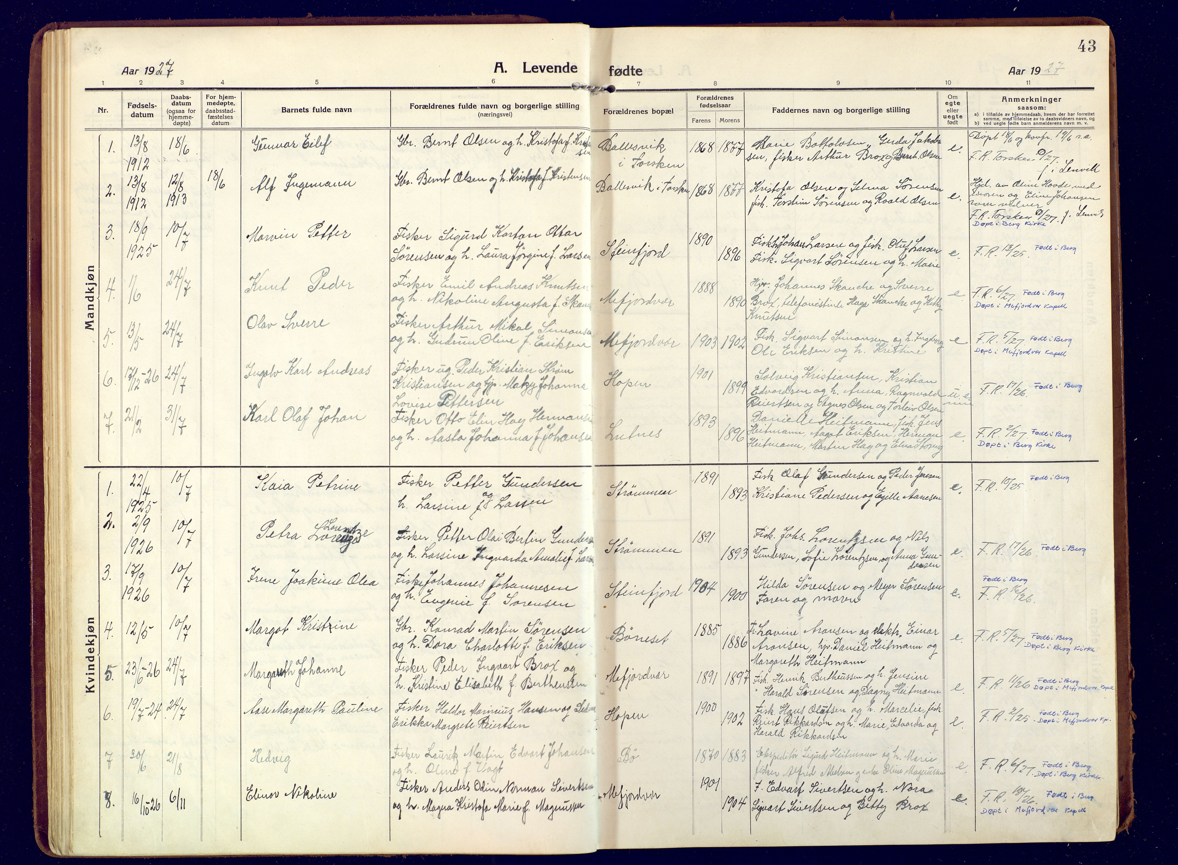 Berg sokneprestkontor, SATØ/S-1318/G/Ga/Gaa: Parish register (official) no. 9, 1916-1928, p. 43
