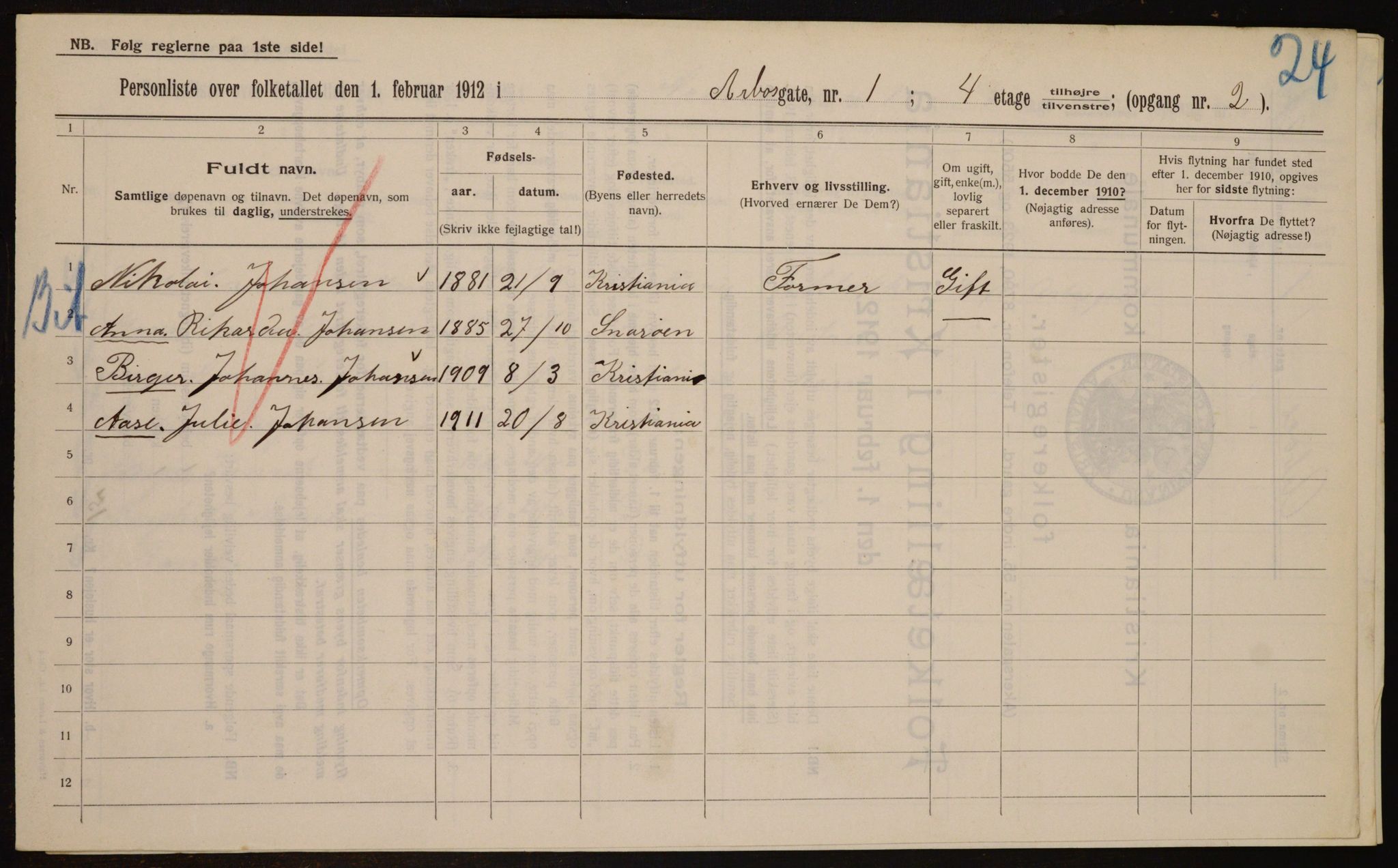 OBA, Municipal Census 1912 for Kristiania, 1912, p. 1688