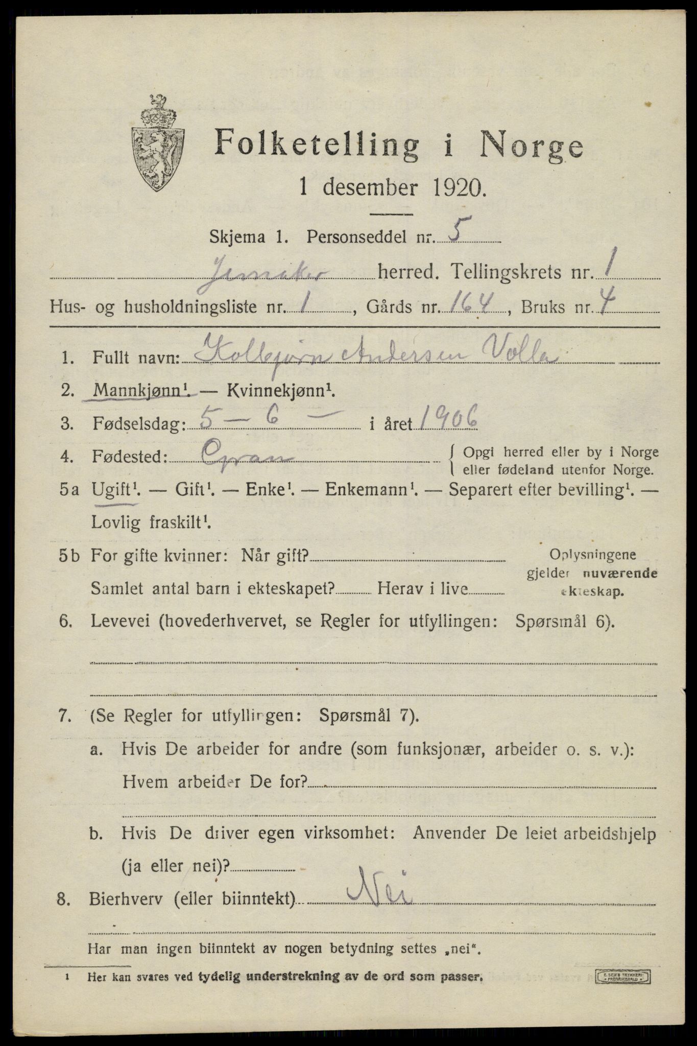 SAH, 1920 census for Jevnaker, 1920, p. 1243