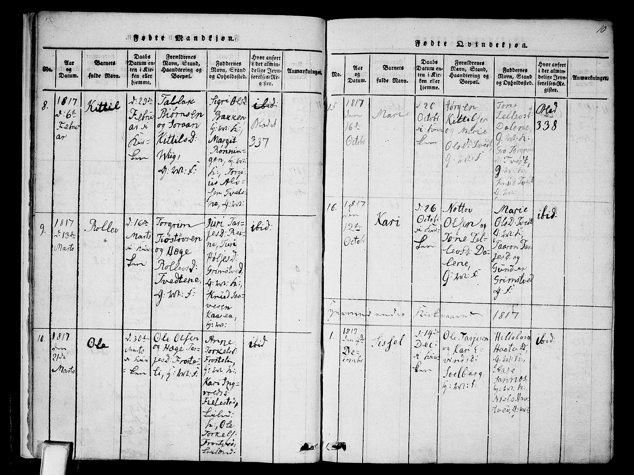 Nissedal kirkebøker, AV/SAKO-A-288/F/Fa/L0002: Parish register (official) no. I 2, 1814-1845, p. 10