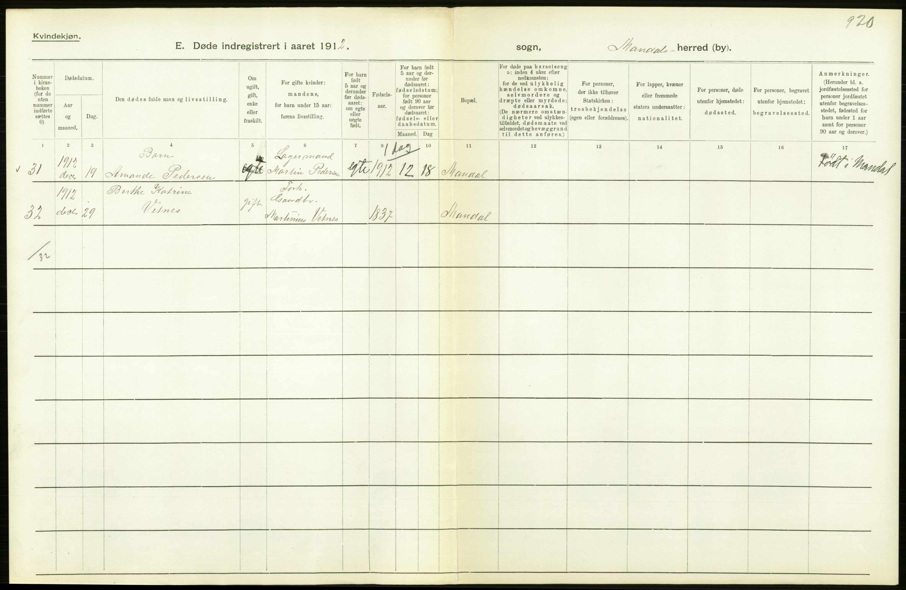 Statistisk sentralbyrå, Sosiodemografiske emner, Befolkning, AV/RA-S-2228/D/Df/Dfb/Dfbb/L0025: Lister og Mandals amt: Gifte, døde, dødfødte. Bygder og byer., 1912, p. 372