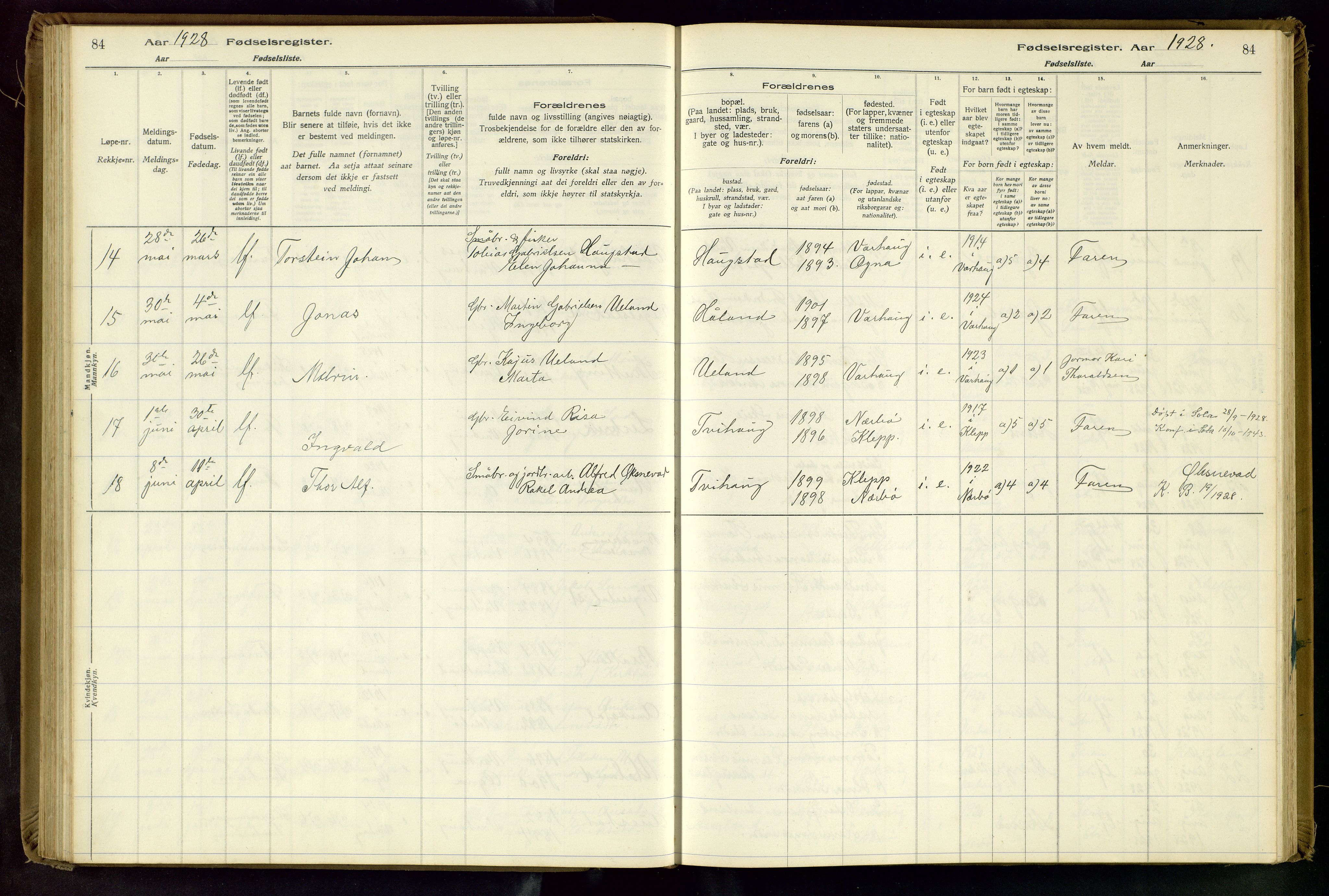 Hå sokneprestkontor, AV/SAST-A-101801/001/704BA/L0001: Birth register no. 1, 1916-1944, p. 84