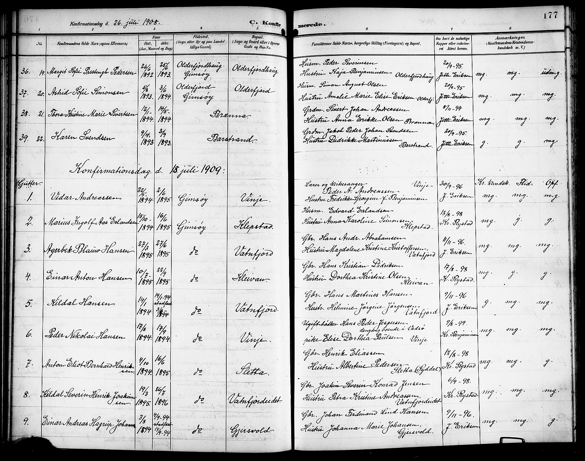 Ministerialprotokoller, klokkerbøker og fødselsregistre - Nordland, AV/SAT-A-1459/876/L1105: Parish register (copy) no. 876C04, 1896-1914, p. 177