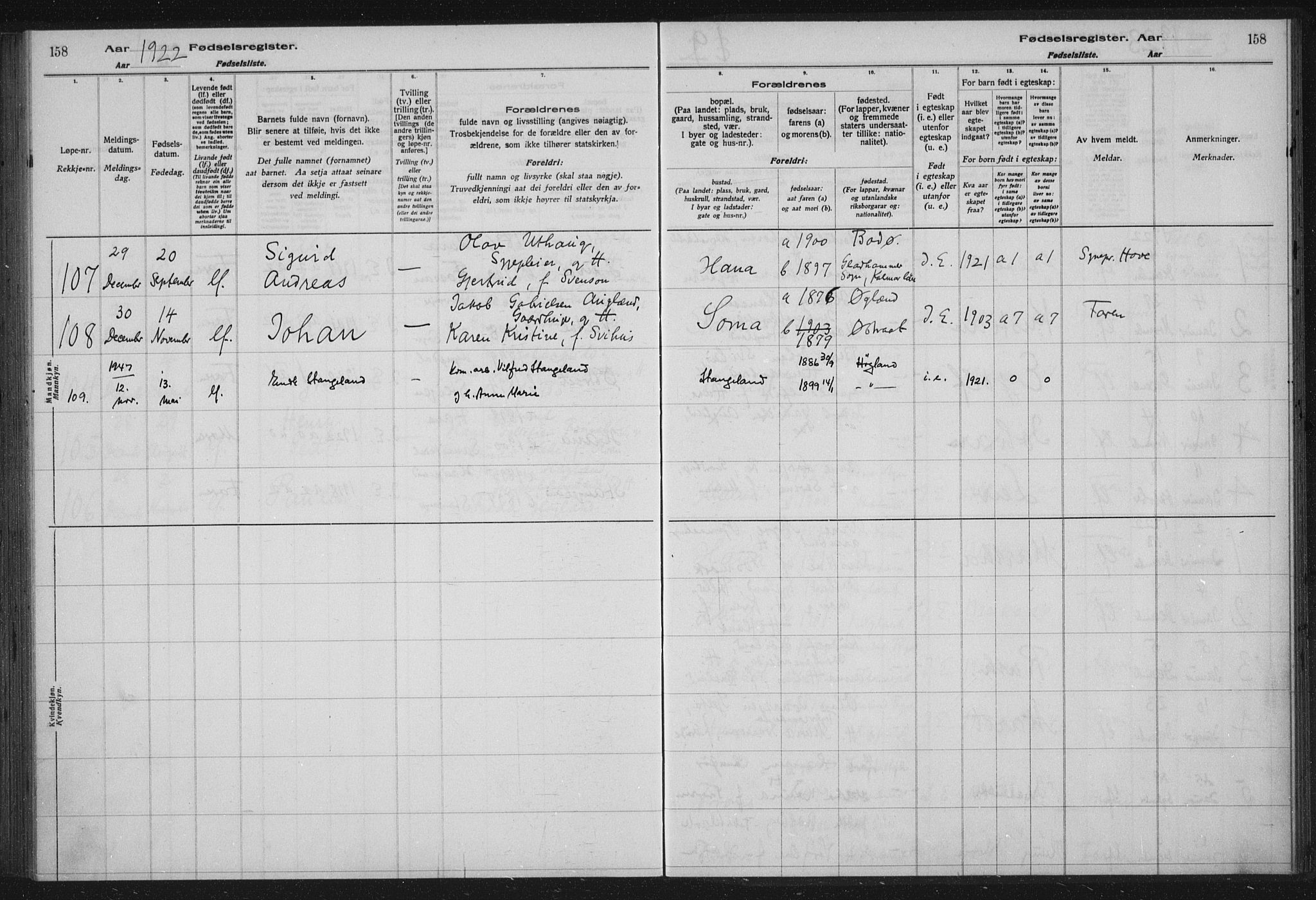 Høyland sokneprestkontor, SAST/A-101799/002/O/L0001: Birth register no. 1, 1916-1924, p. 158