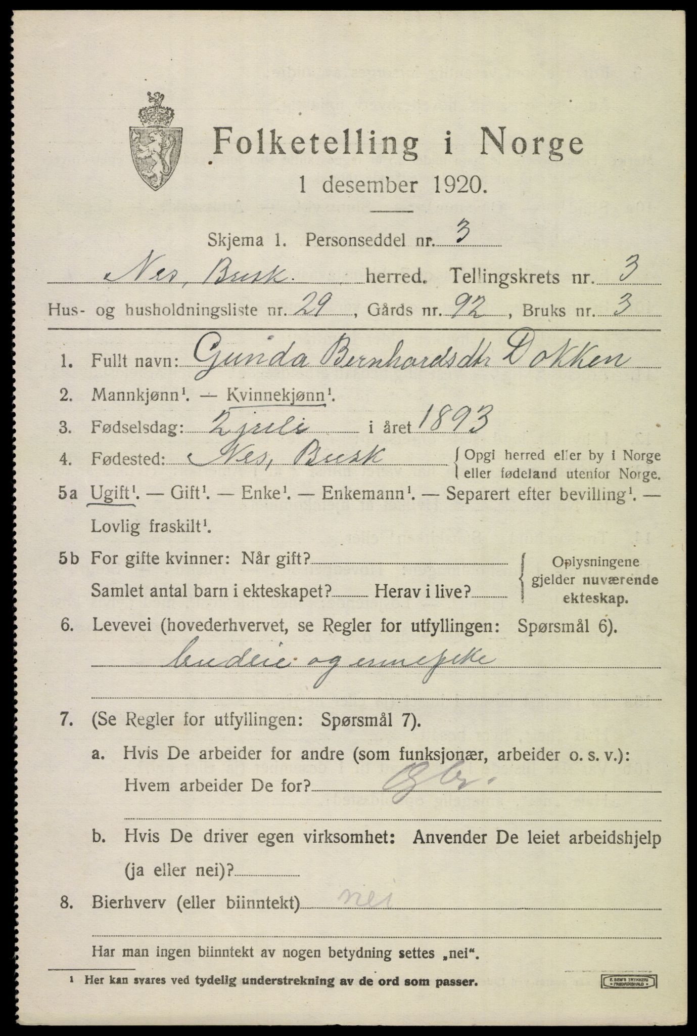 SAKO, 1920 census for Nes (Buskerud), 1920, p. 1898