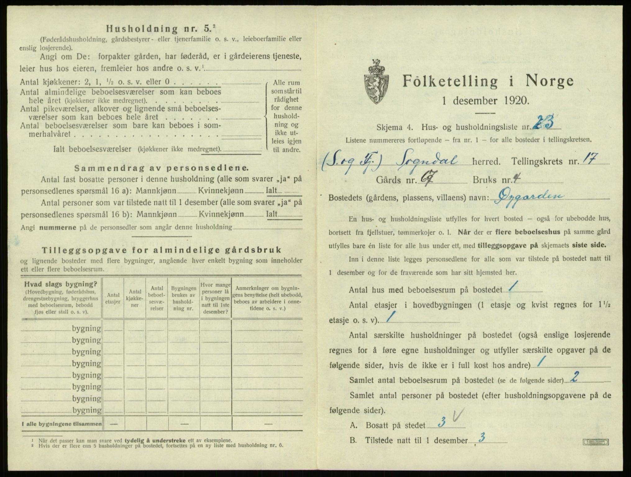 SAB, 1920 census for Sogndal, 1920, p. 933