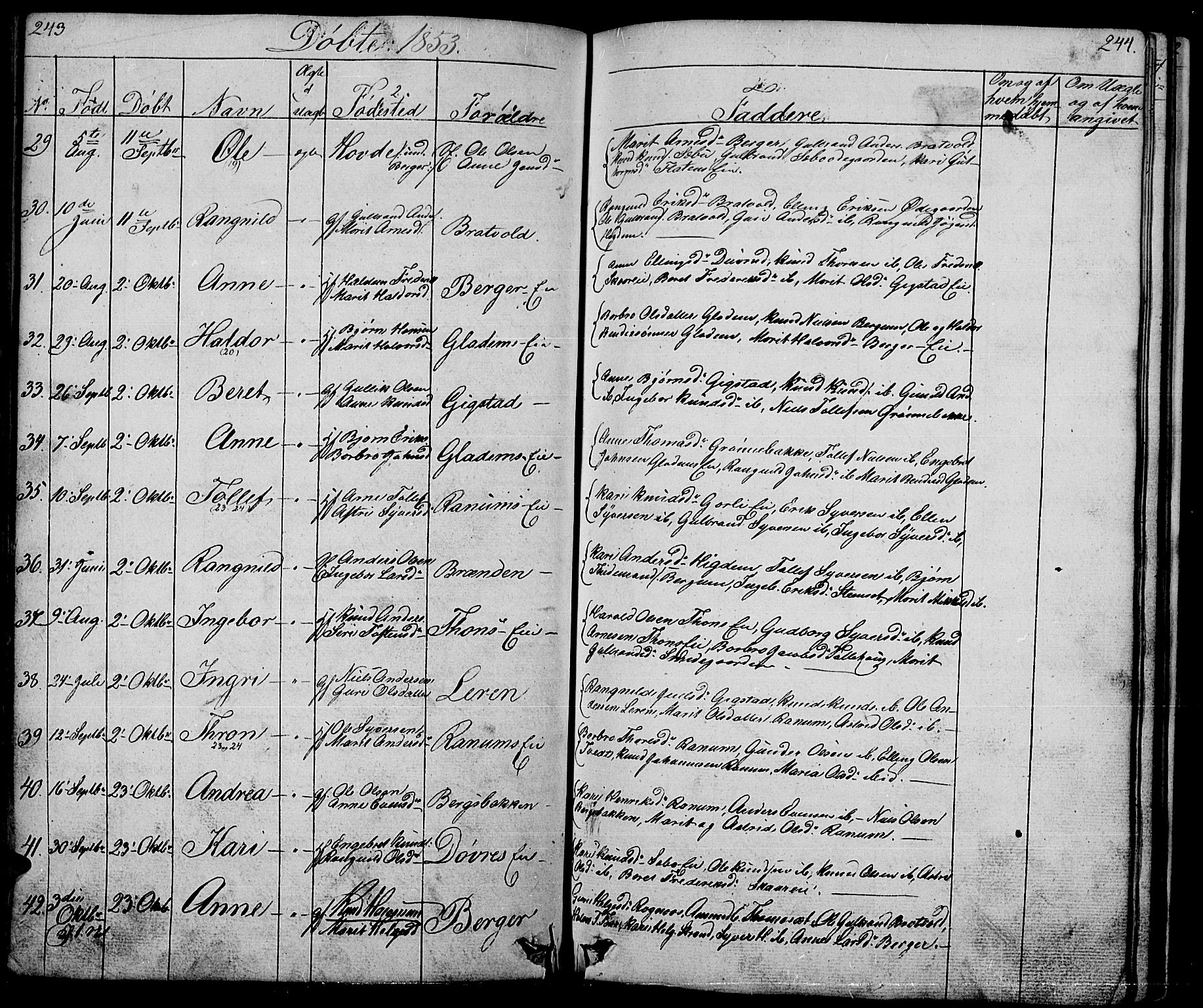 Nord-Aurdal prestekontor, SAH/PREST-132/H/Ha/Hab/L0001: Parish register (copy) no. 1, 1834-1887, p. 243-244