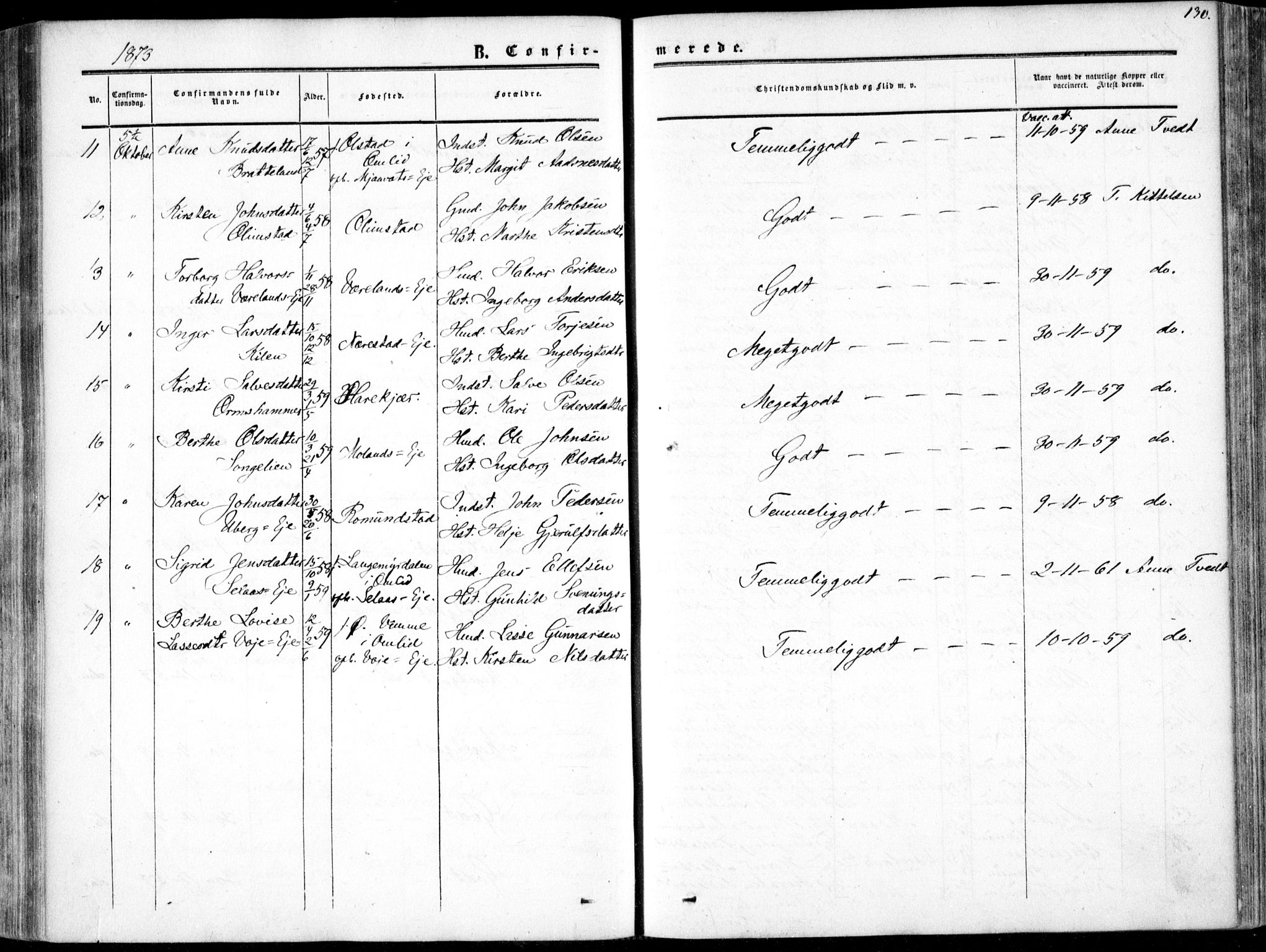 Gjerstad sokneprestkontor, AV/SAK-1111-0014/F/Fa/Fab/L0003: Parish register (official) no. A 3, 1853-1878, p. 130