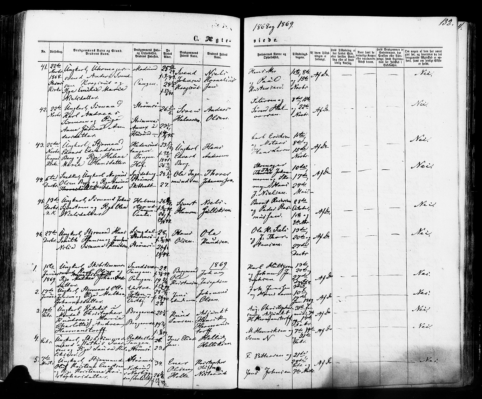 Strømsø kirkebøker, SAKO/A-246/F/Fa/L0018: Parish register (official) no. I 18, 1865-1878, p. 132