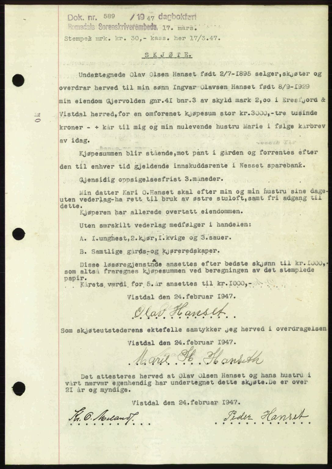 Romsdal sorenskriveri, AV/SAT-A-4149/1/2/2C: Mortgage book no. A22, 1947-1947, Diary no: : 589/1947