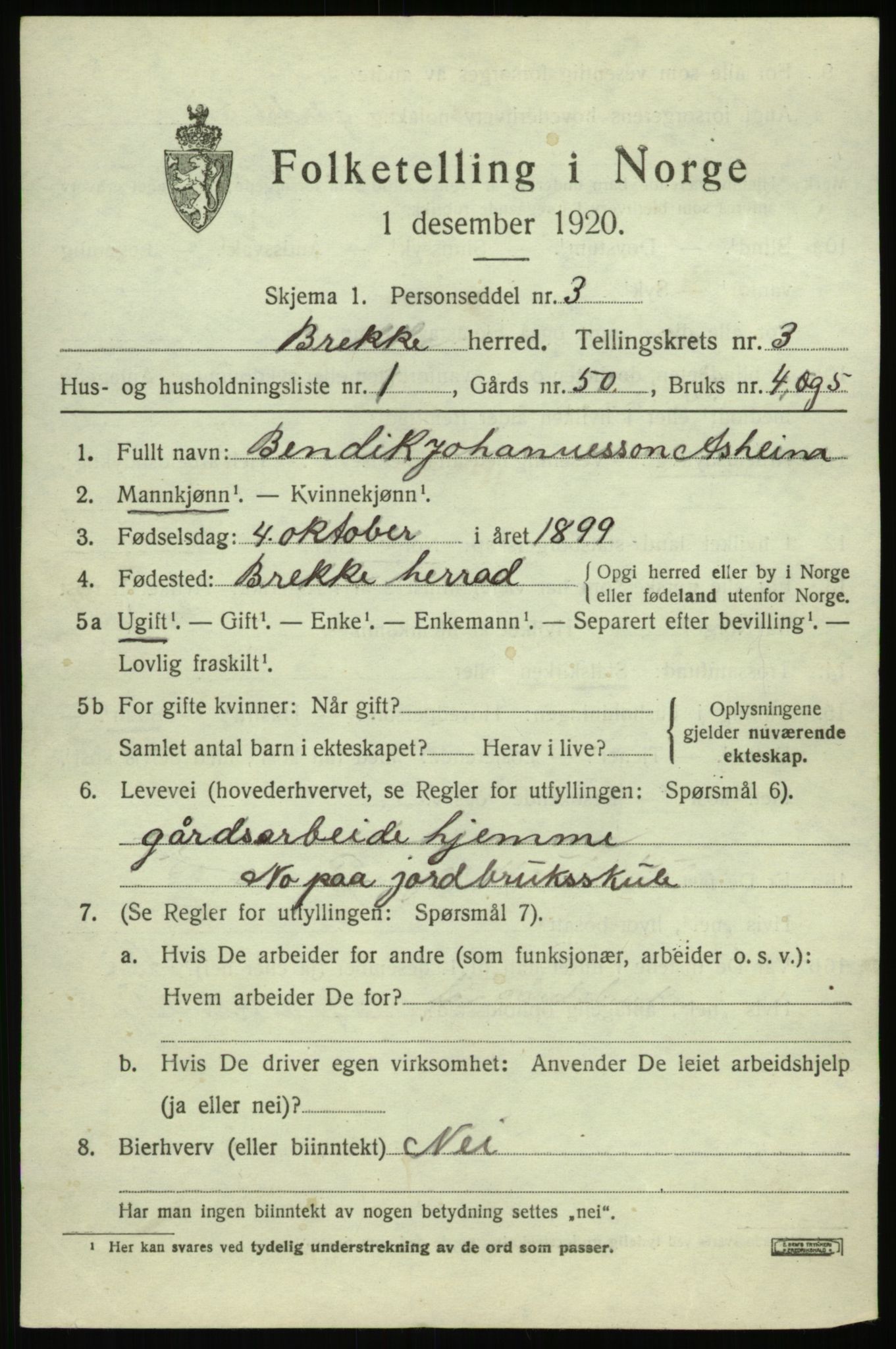 SAB, 1920 census for Brekke, 1920, p. 702