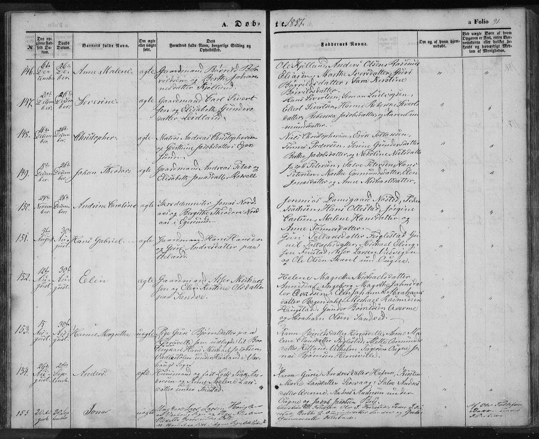 Eigersund sokneprestkontor, SAST/A-101807/S08/L0012: Parish register (official) no. A 12.1, 1850-1865, p. 91