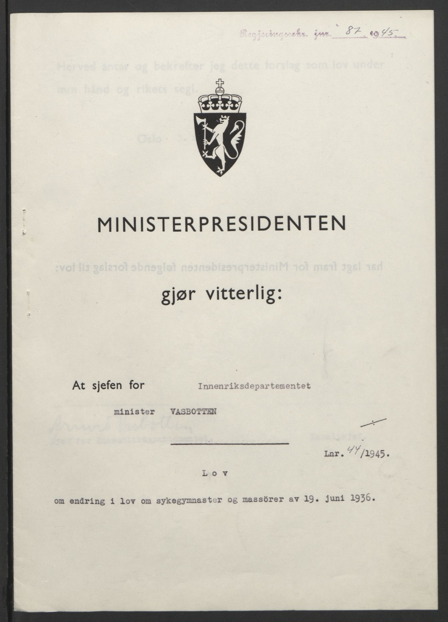 NS-administrasjonen 1940-1945 (Statsrådsekretariatet, de kommisariske statsråder mm), RA/S-4279/D/Db/L0101/0001: -- / Lover og vedtak, 1945, p. 178