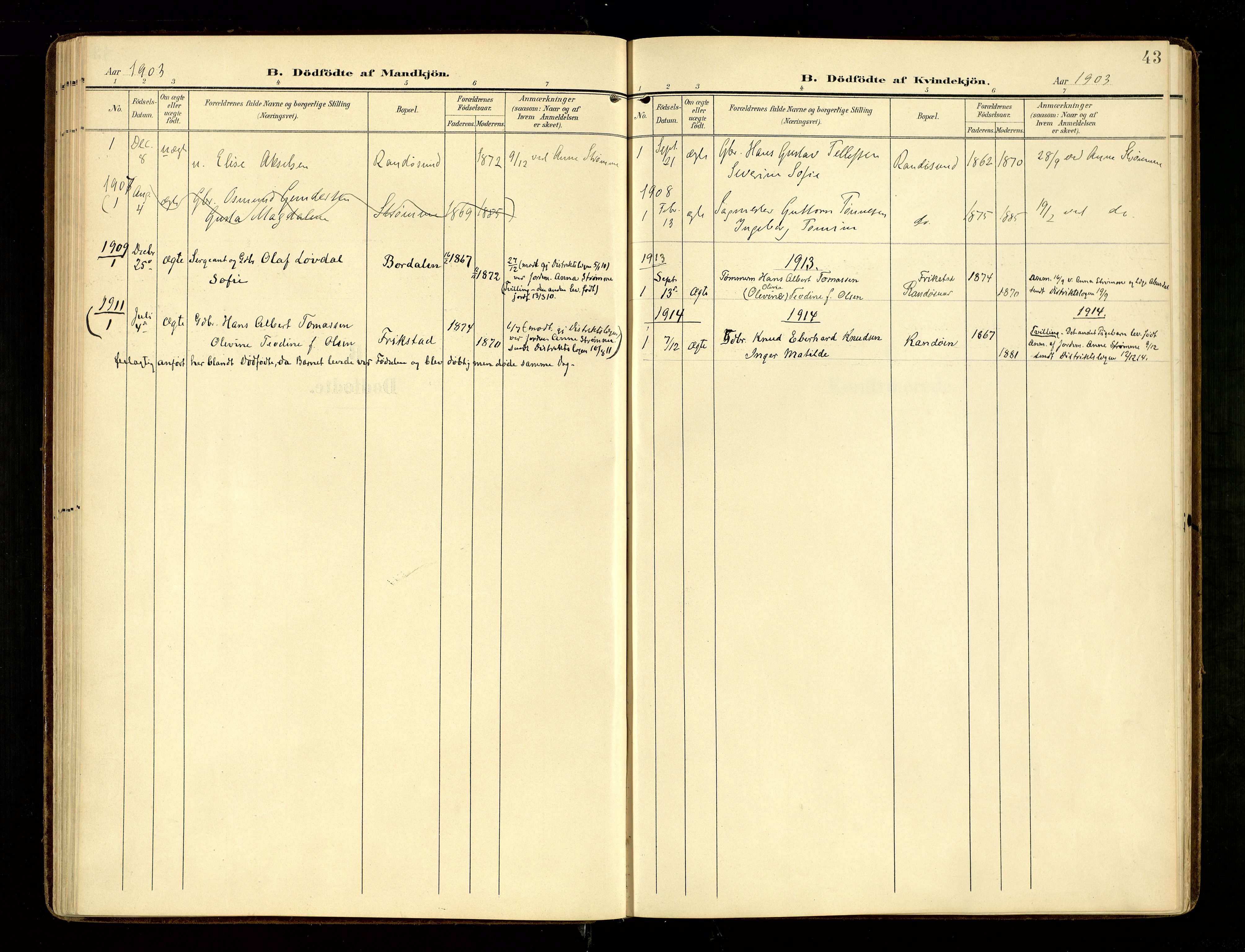 Oddernes sokneprestkontor, AV/SAK-1111-0033/F/Fa/Fab/L0003: Parish register (official) no. A 3, 1903-1916, p. 43